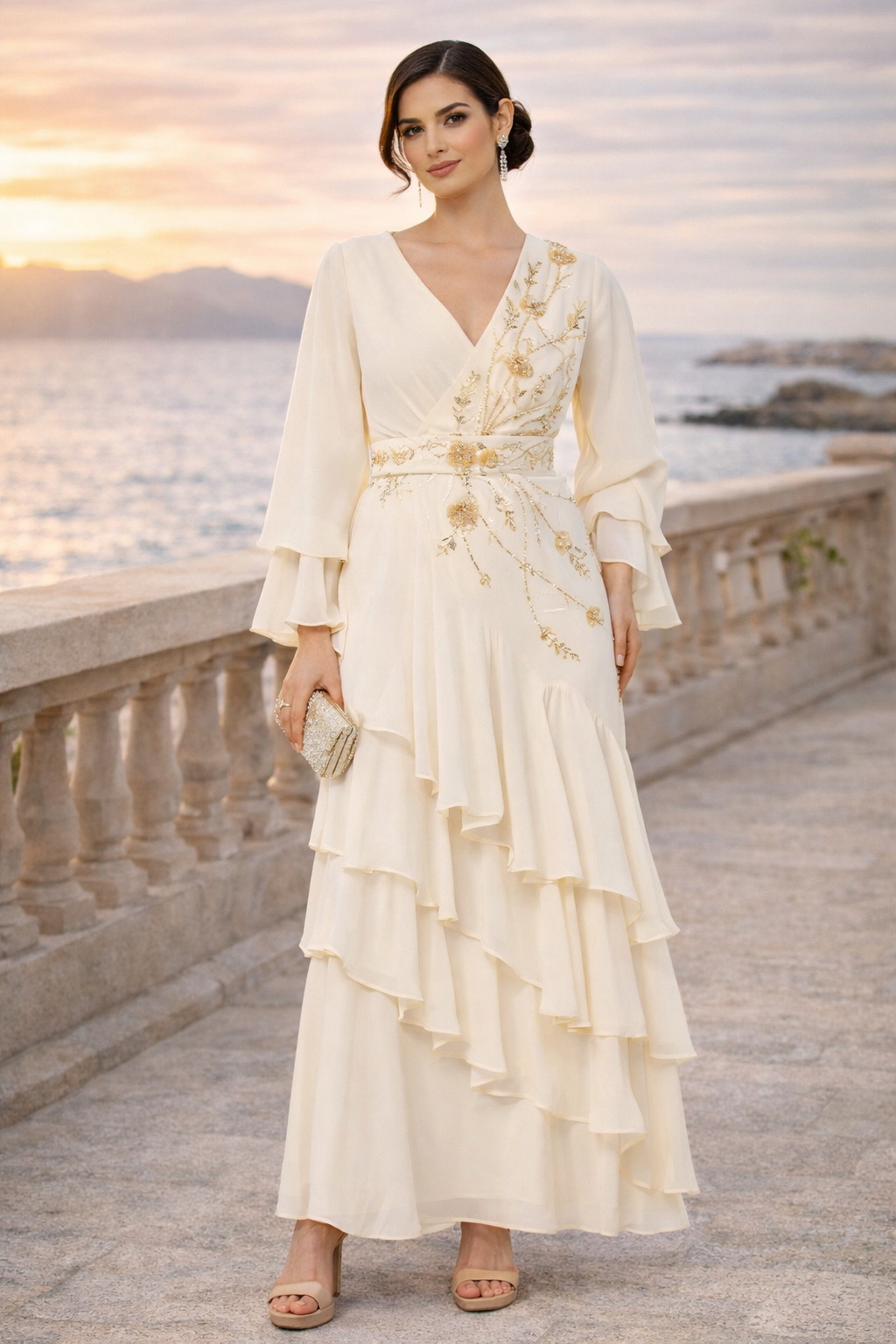 Embroidered Ruffle Cascade Gown