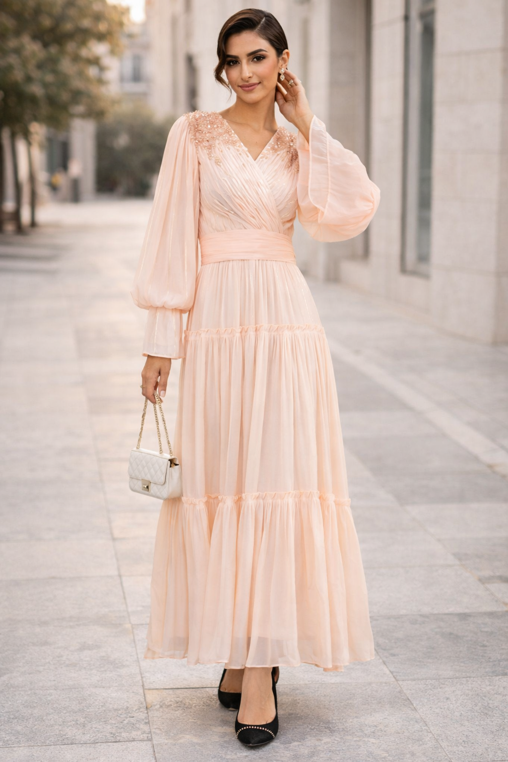 Textured Tiered Sleeve Gown