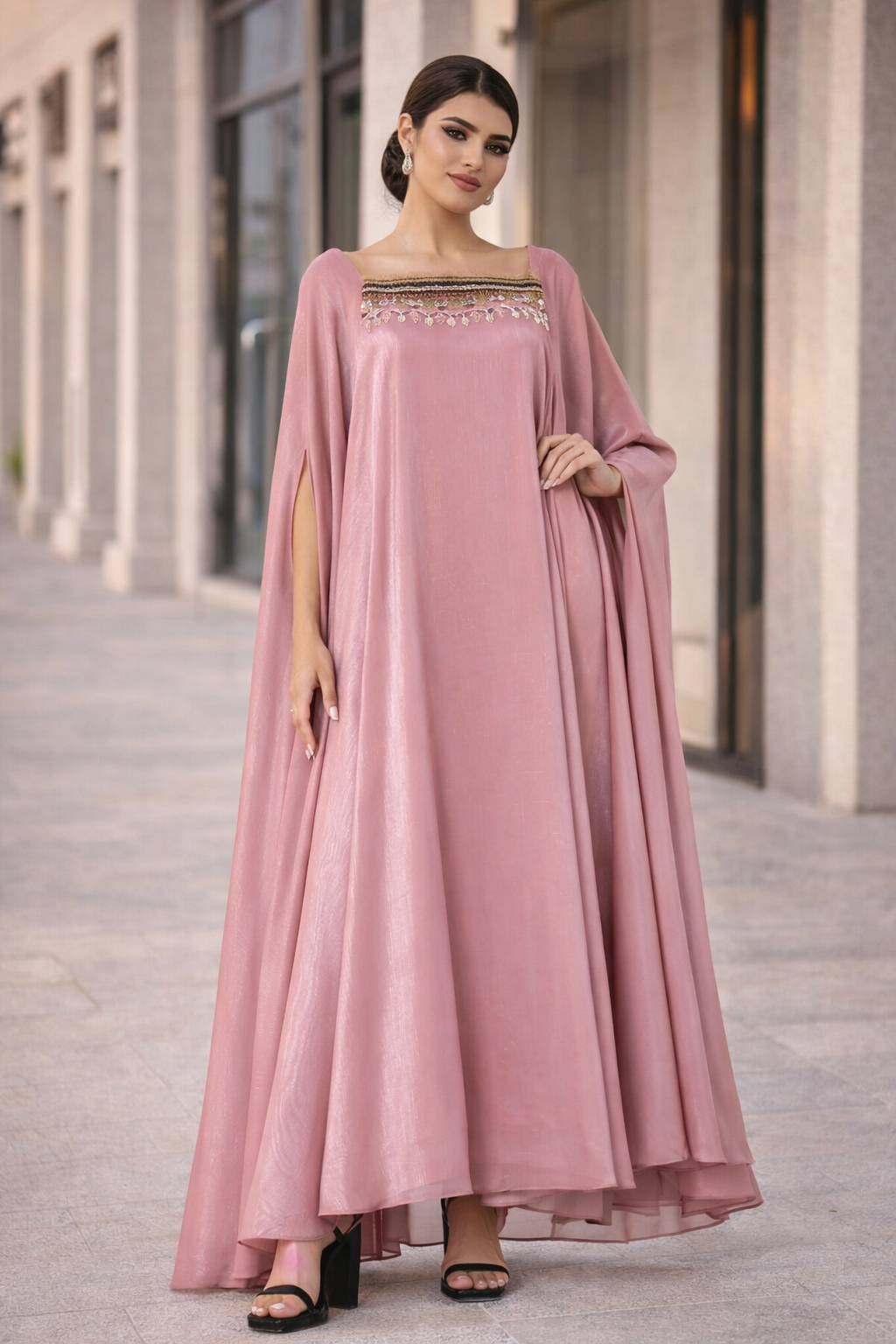 Embroidered Square-Neck Flowing Dress