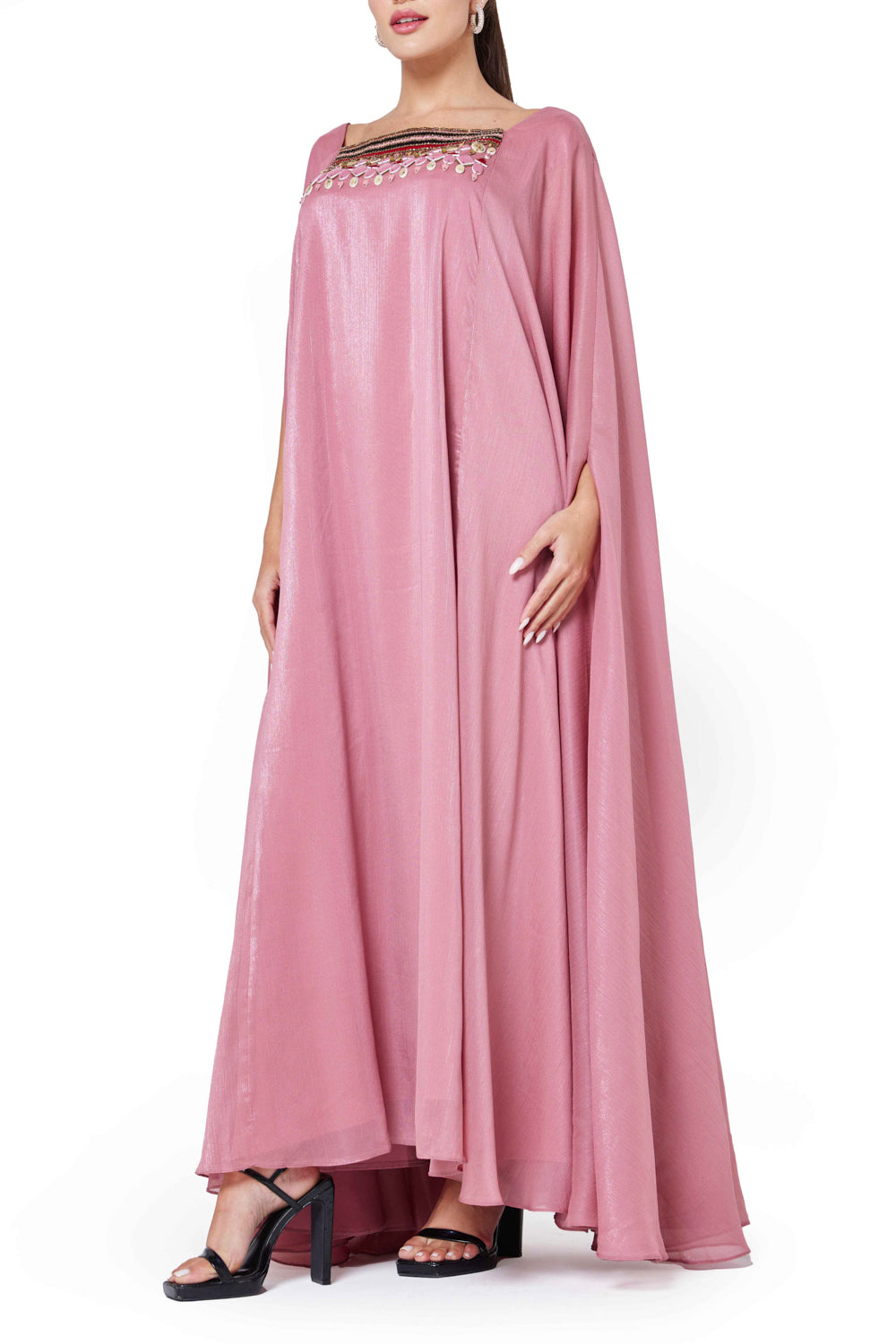 Embroidered Square-Neck Flowing Dress