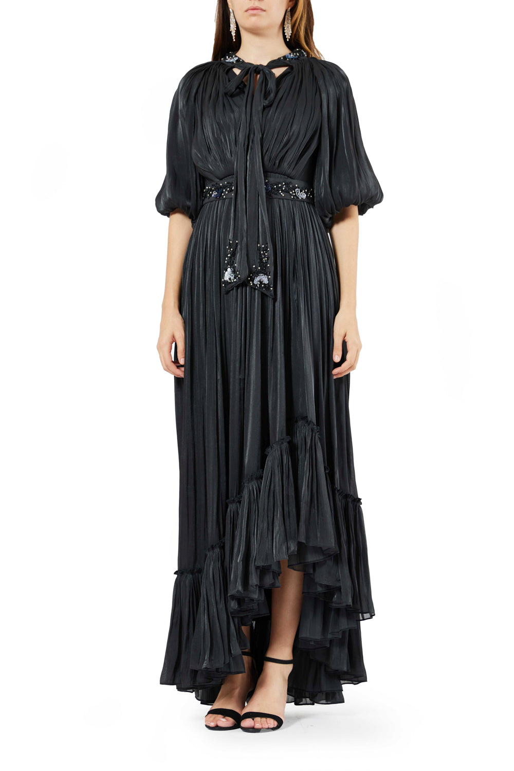 Tiered Pleated Tie-Neck Dress
