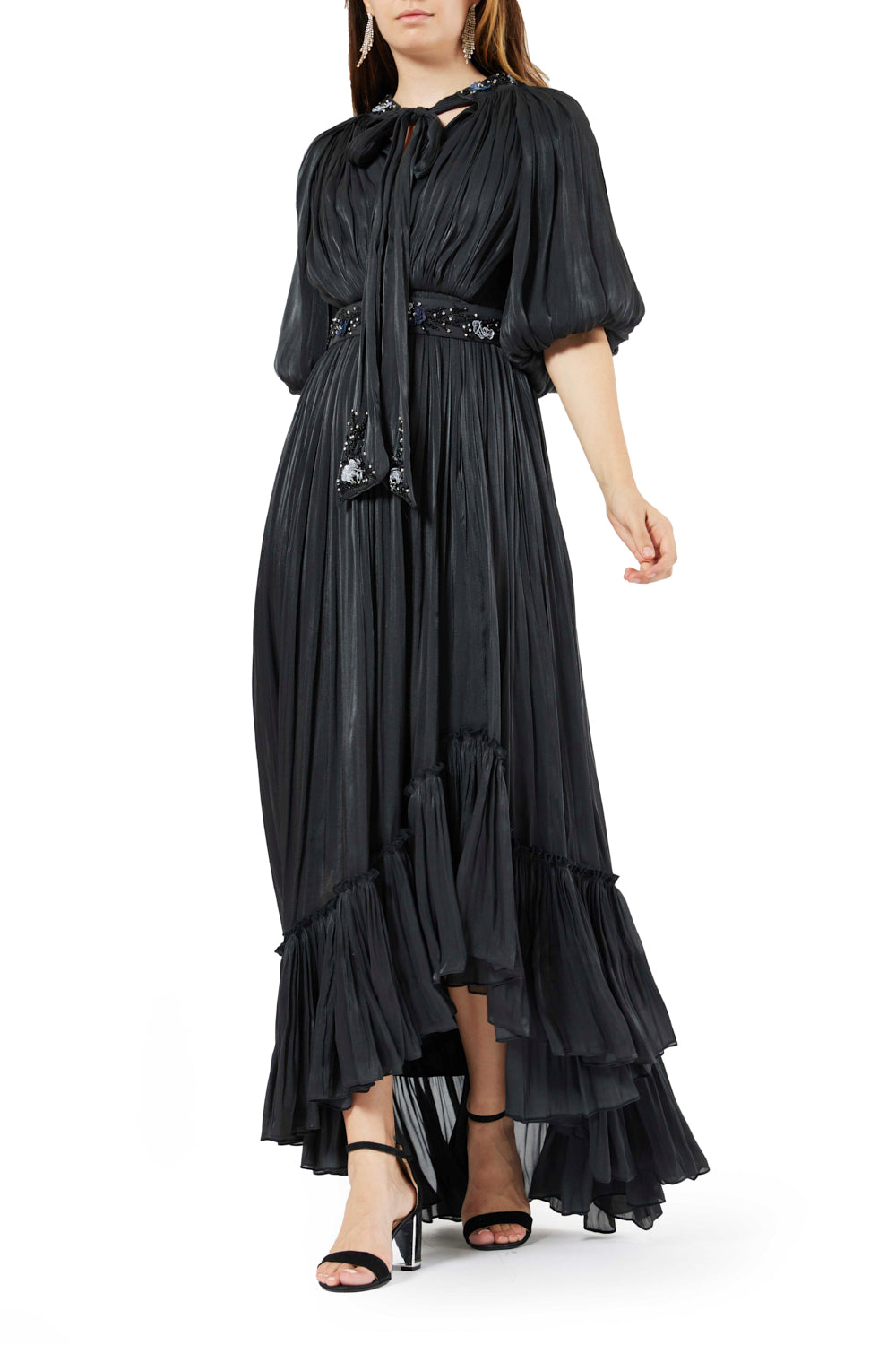 Tiered Pleated Tie-Neck Dress