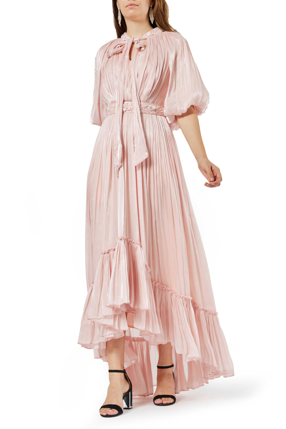 Tiered Pleated Tie-Neck Dress