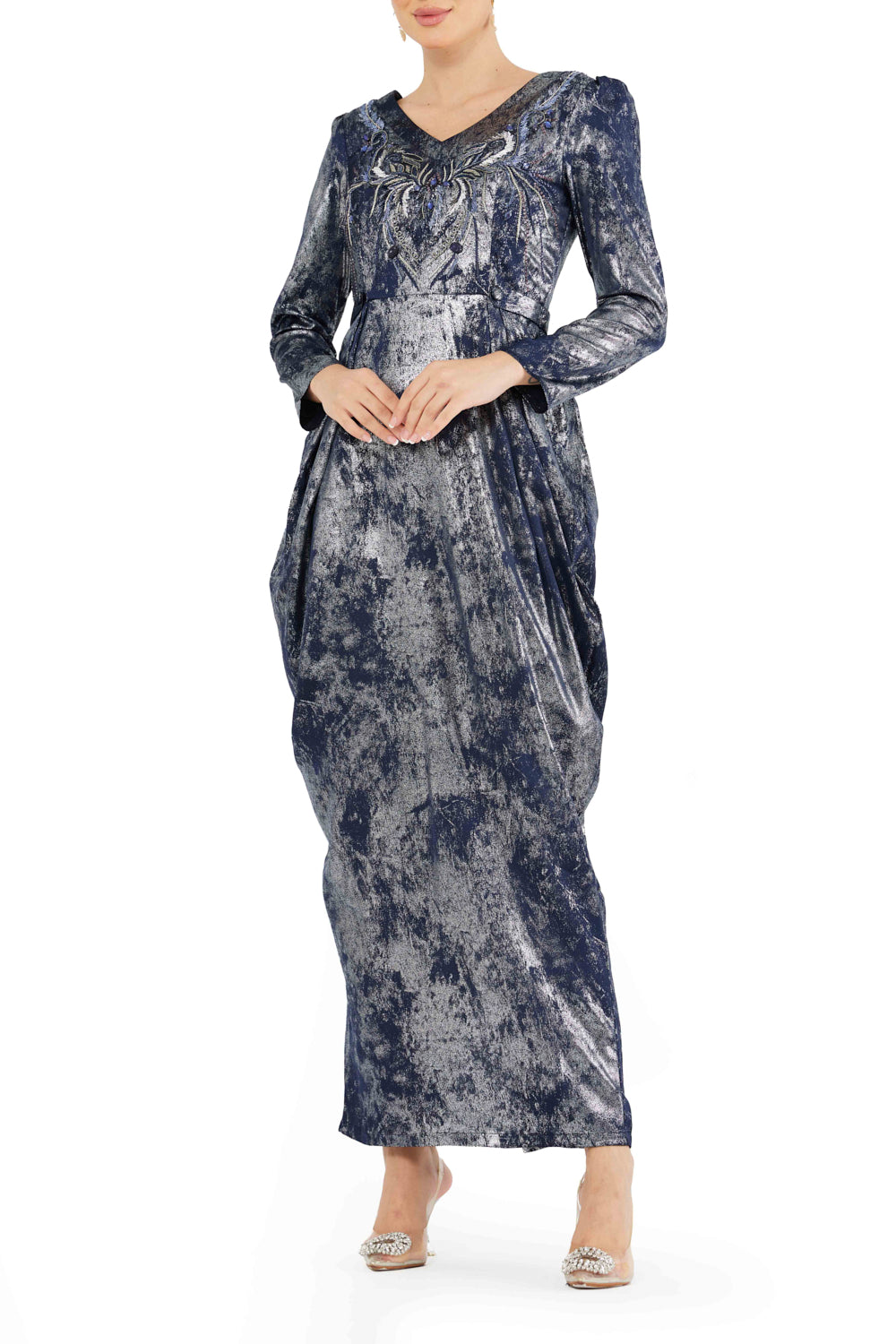 Textured V-Neck Draped Dress