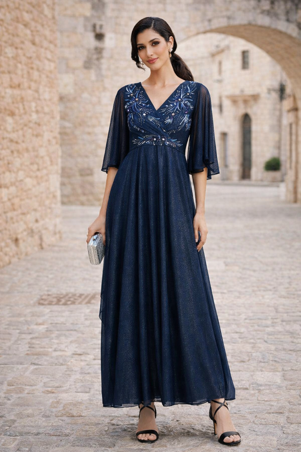 Shimmer Embellished Flutter Sleeve Dress