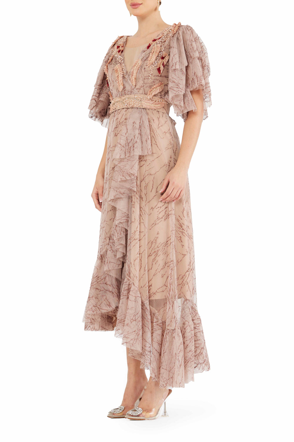 Ruffle Detail Embroidered Tulle Midi Dress