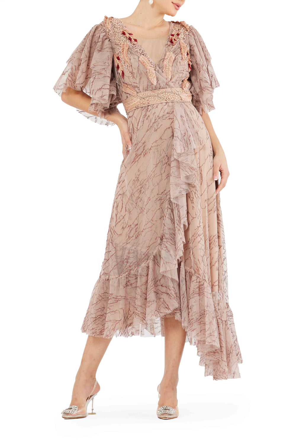 Ruffle Detail Embroidered Tulle Midi Dress