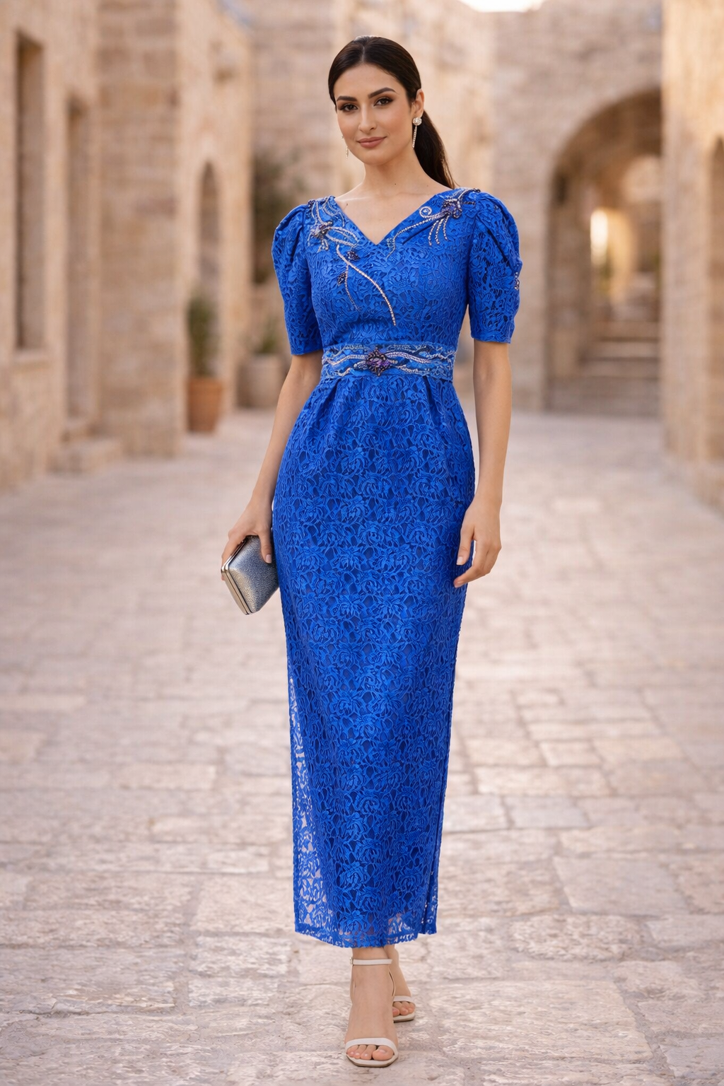 Lace Embellished Puff Sleeves Midi Dress