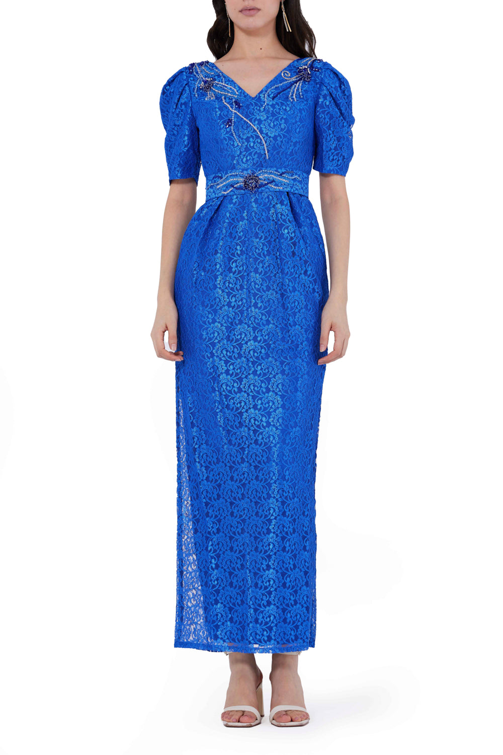 Lace Embellished Puff Sleeves Midi Dress