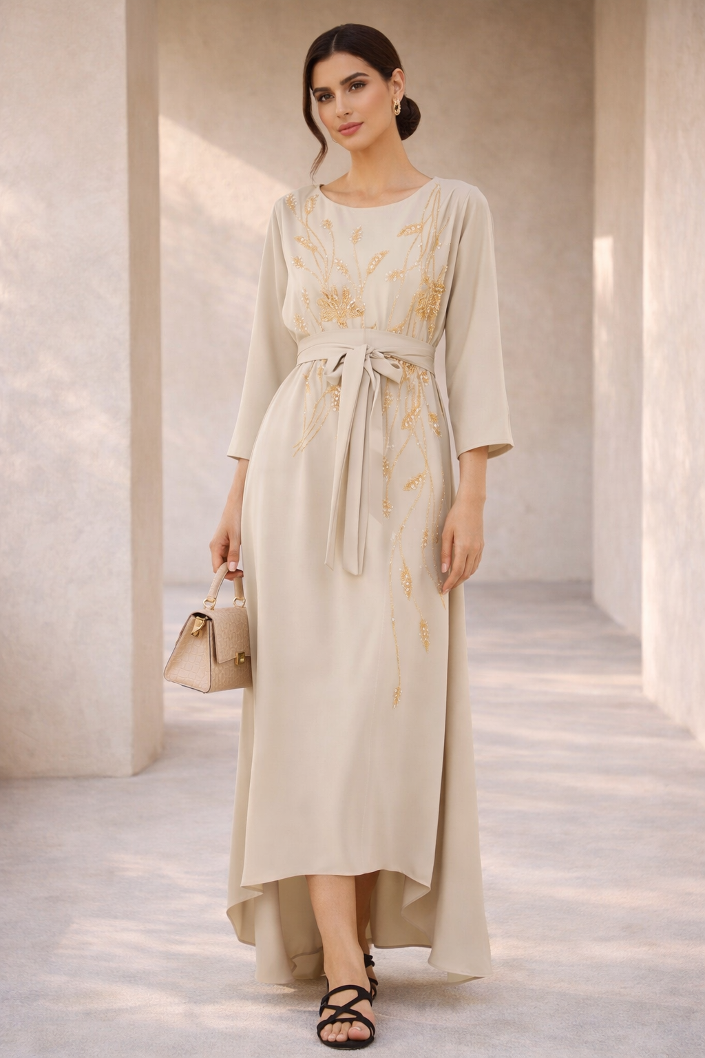 Floral Embroidered Belted Dress