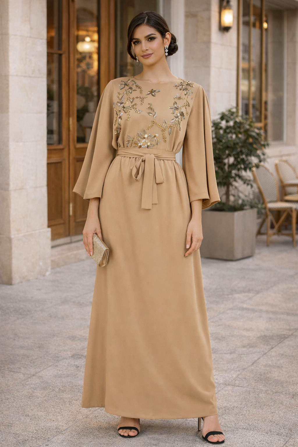 Floral Serenity Cowl Draped Sleeve Dress