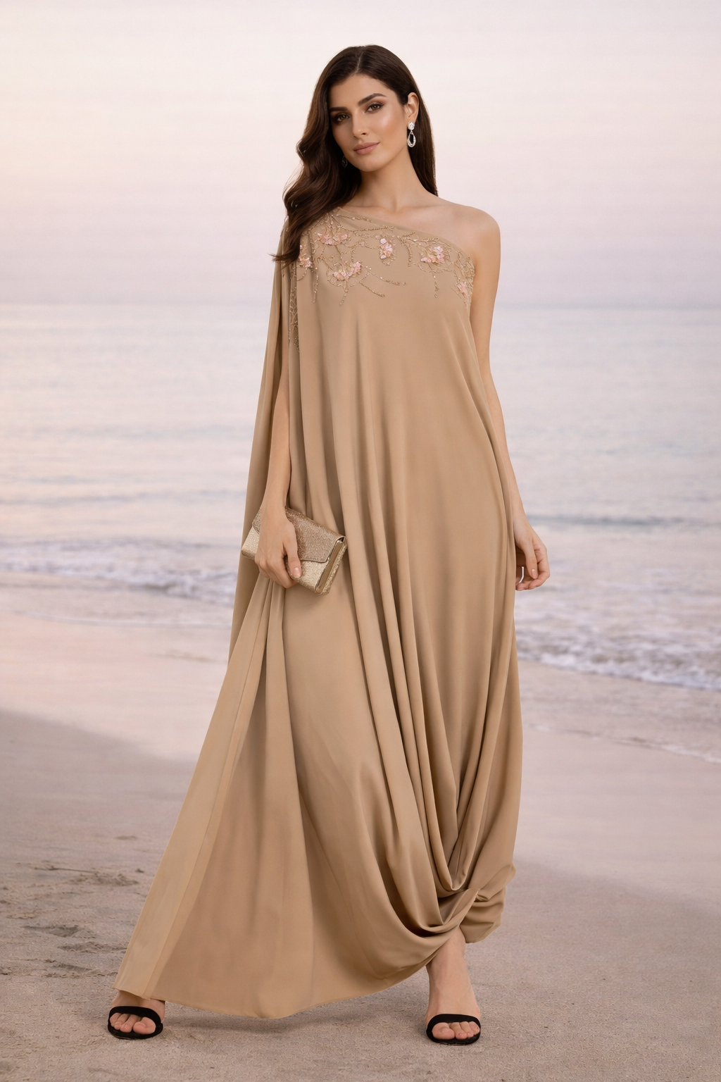 Embellished One-Shoulder Drape Gown