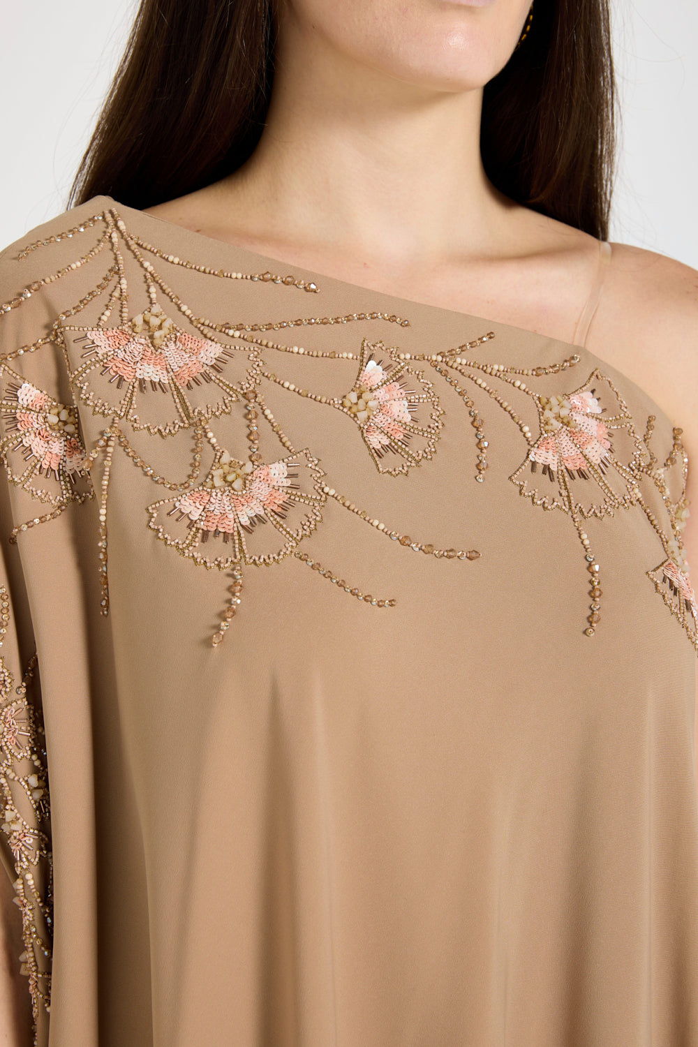 Embellished One-Shoulder Drape Gown