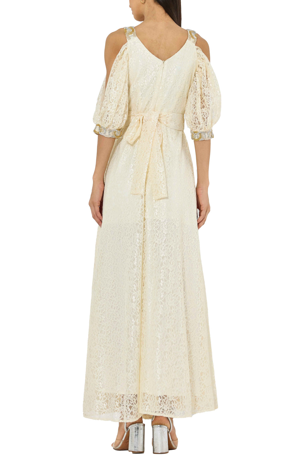 Embellished Cold-Shoulder Lace Gown