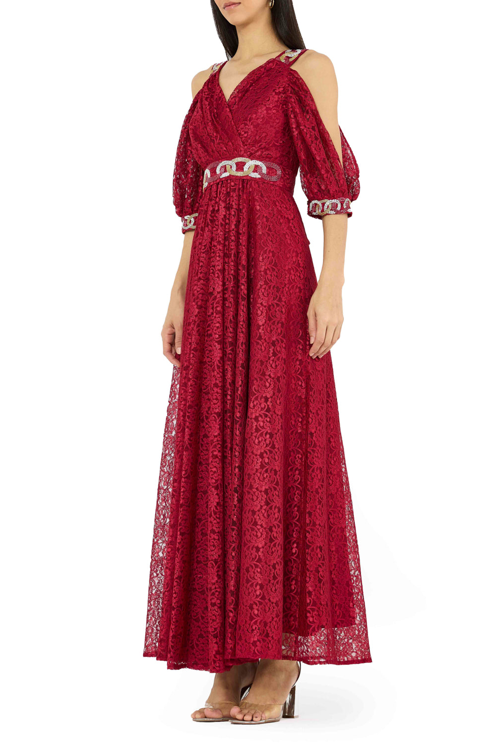 Embellished Cold-Shoulder Lace Gown