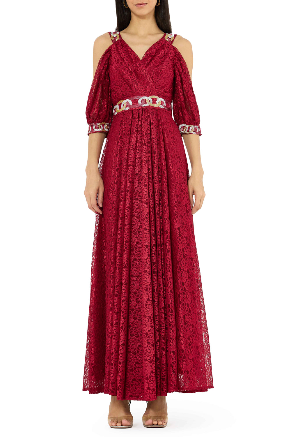 Embellished Cold-Shoulder Lace Gown