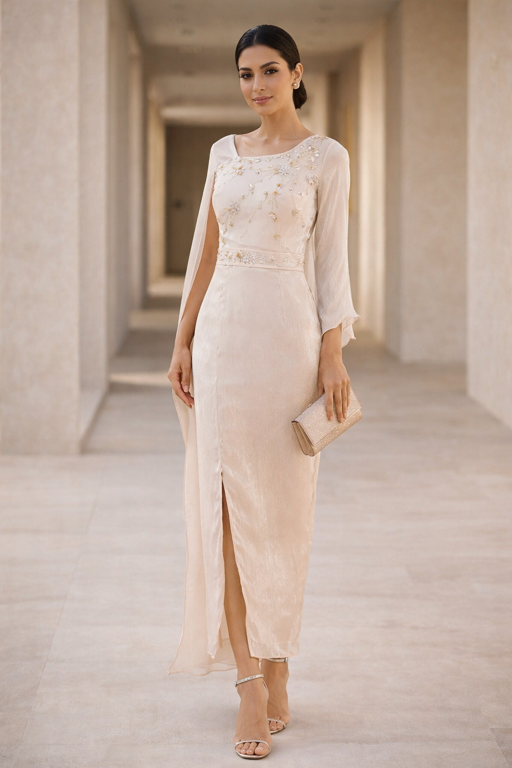 Floral Accent Embellished Cape Dress