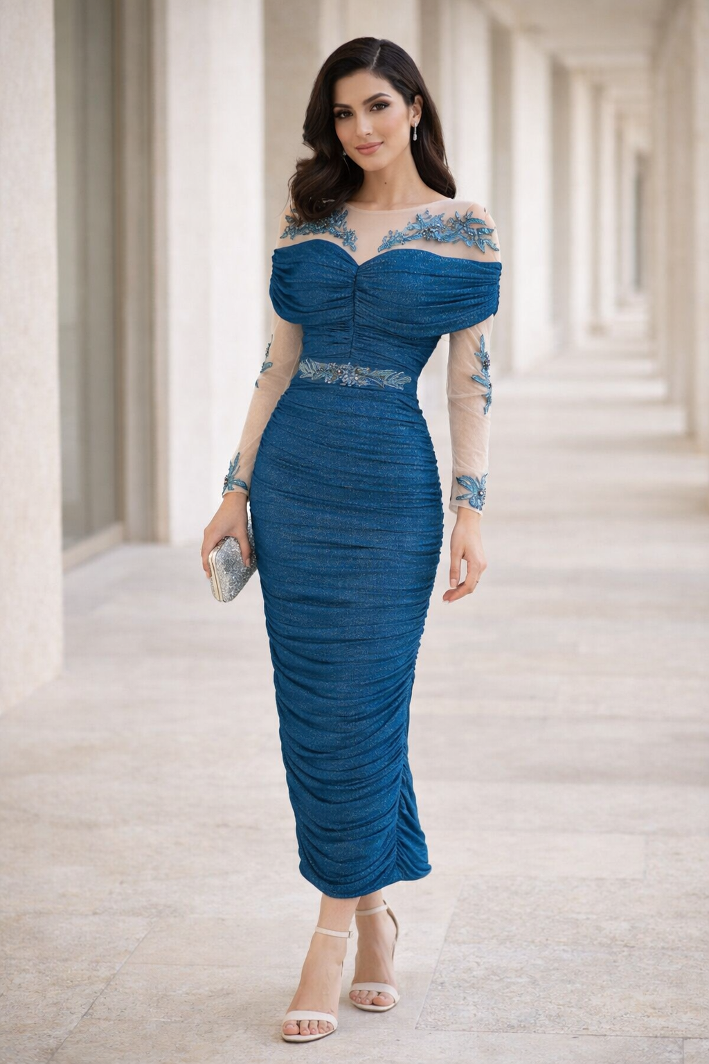 All-Over Ruched Embellished Gown