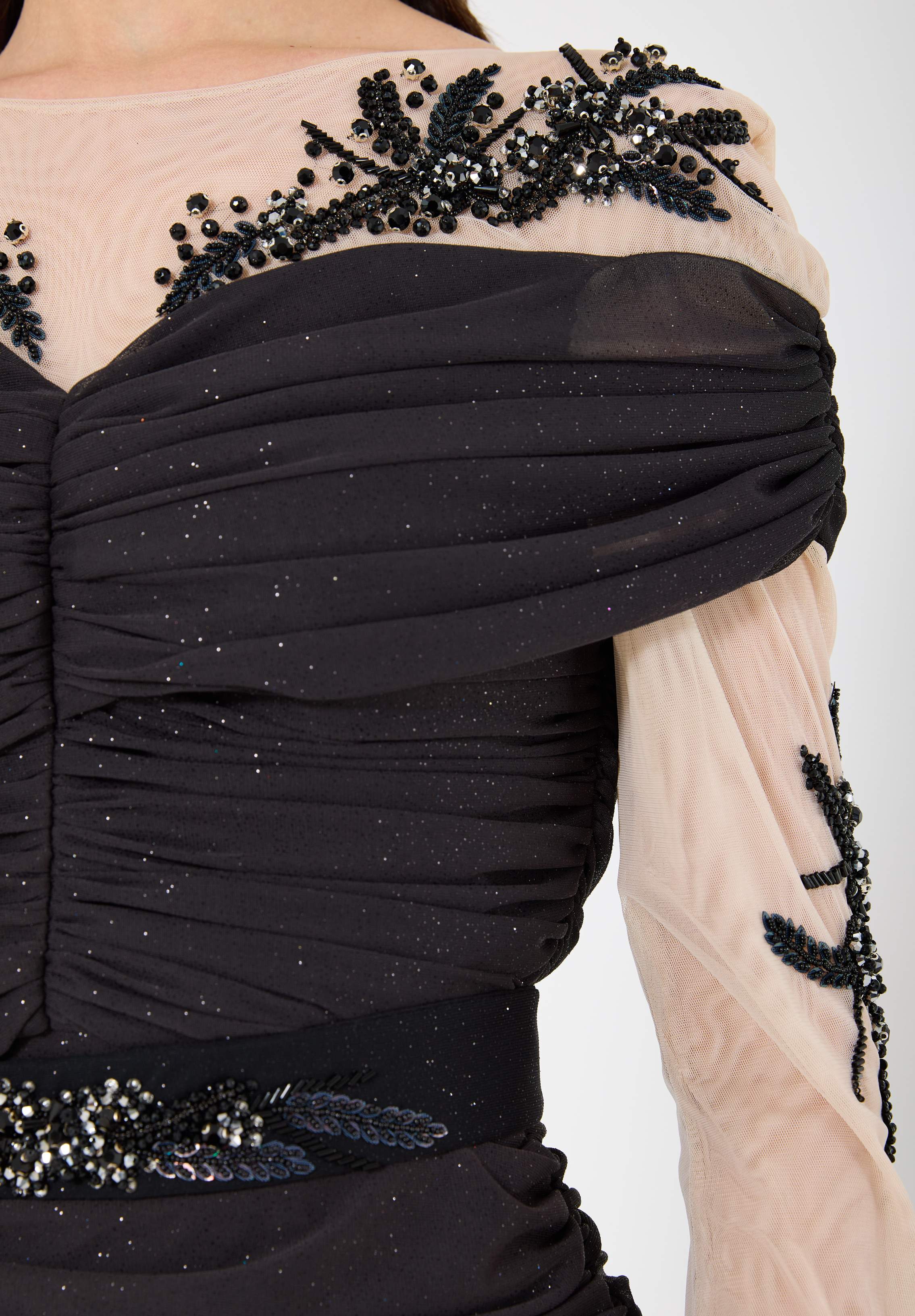 All-Over Ruched Embellished Gown