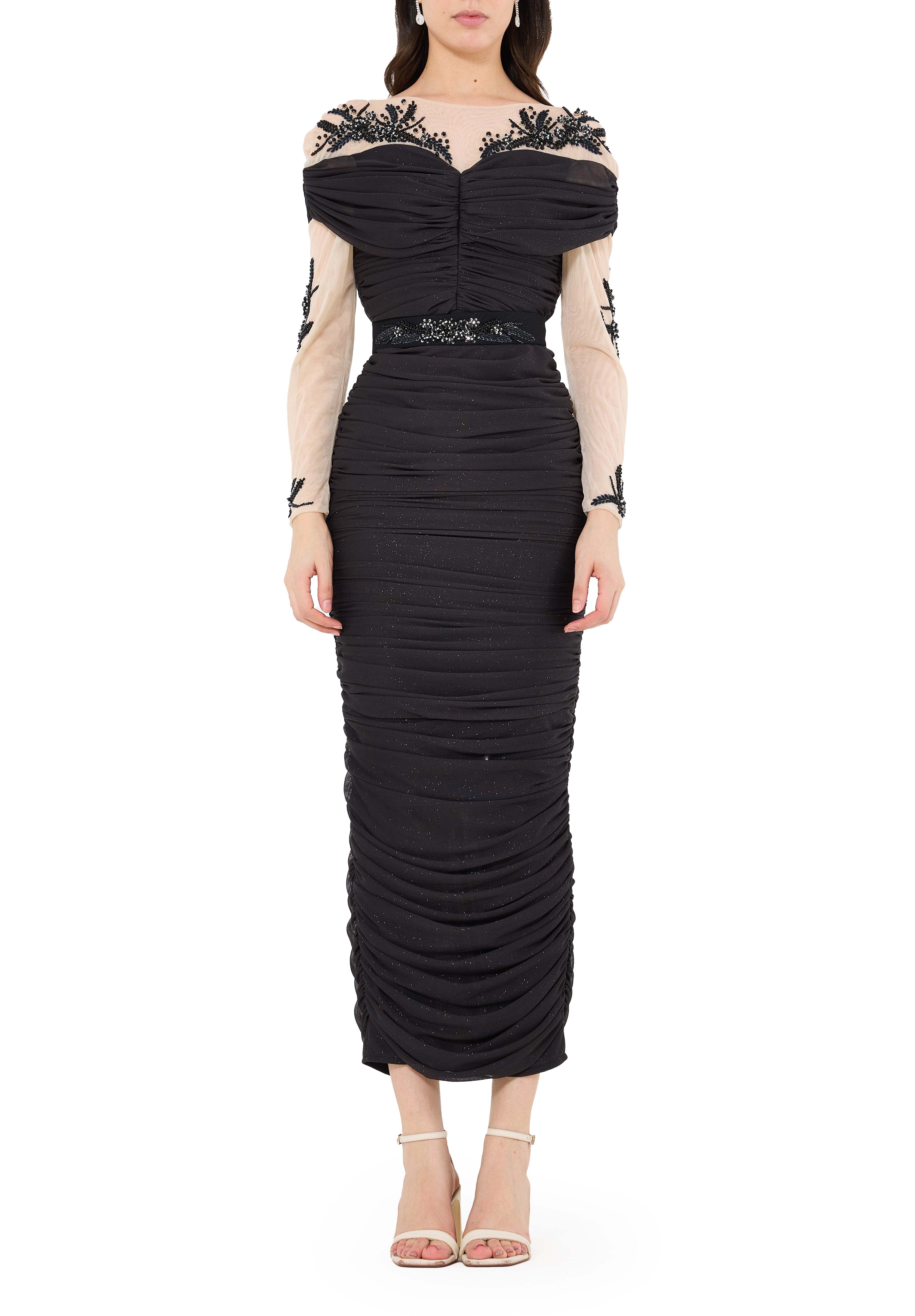 All-Over Ruched Embellished Gown