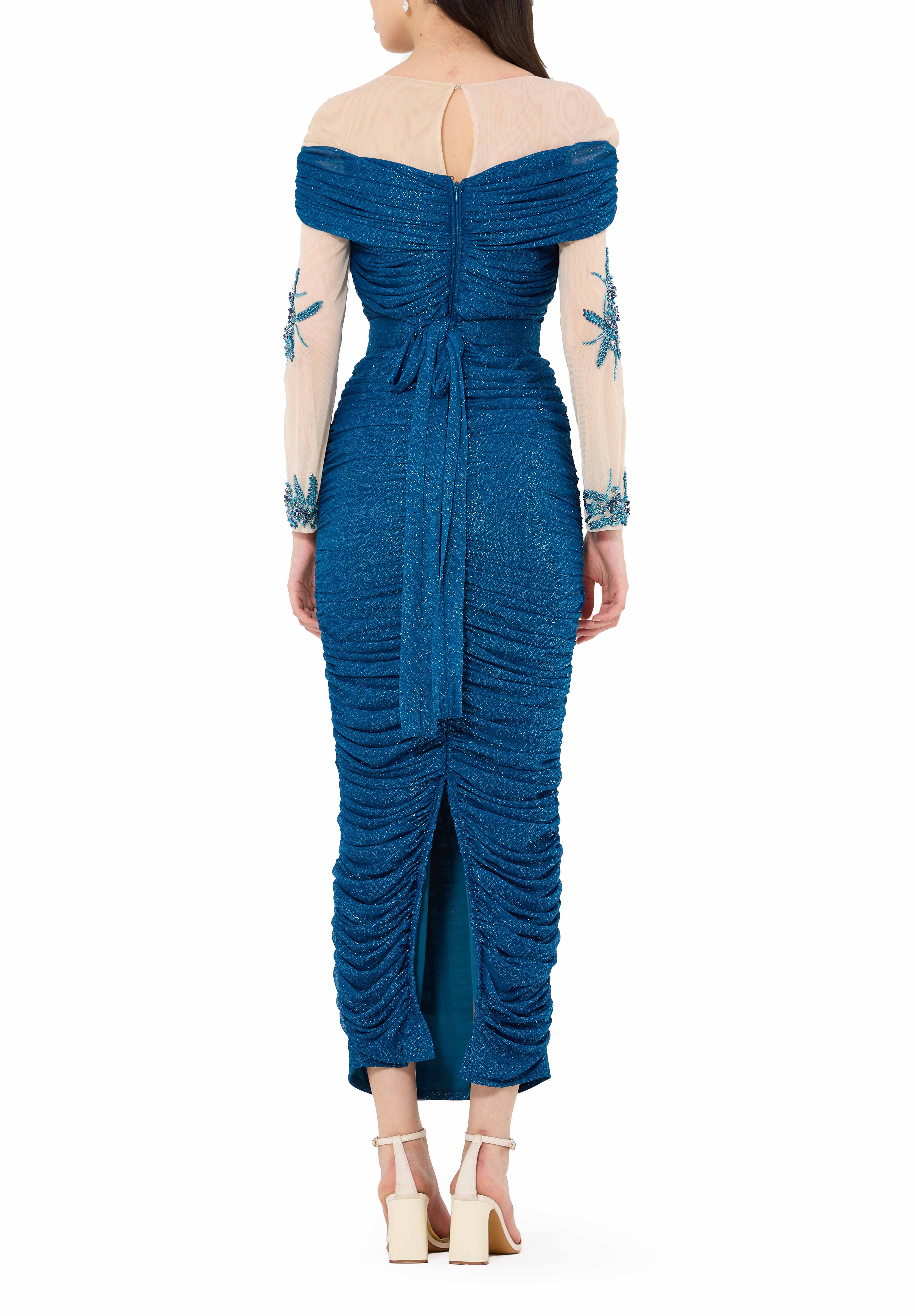 All-Over Ruched Embellished Gown