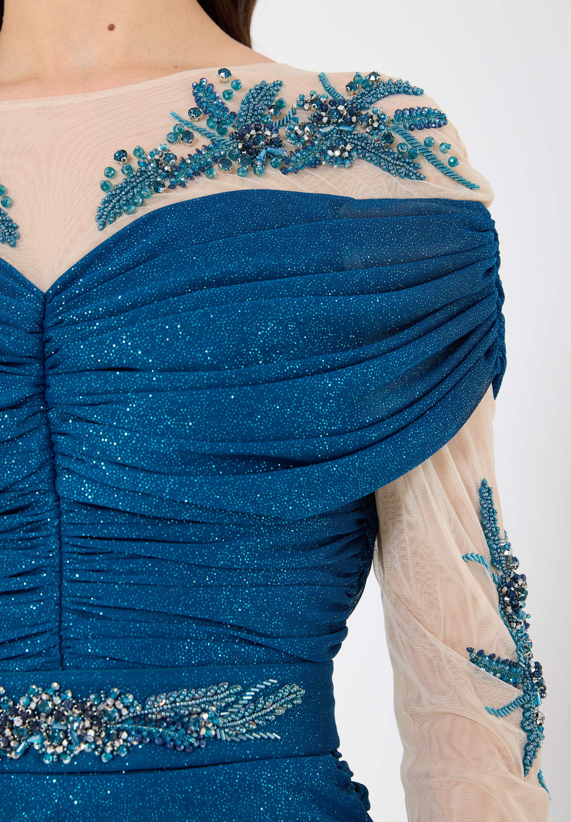 All-Over Ruched Embellished Gown