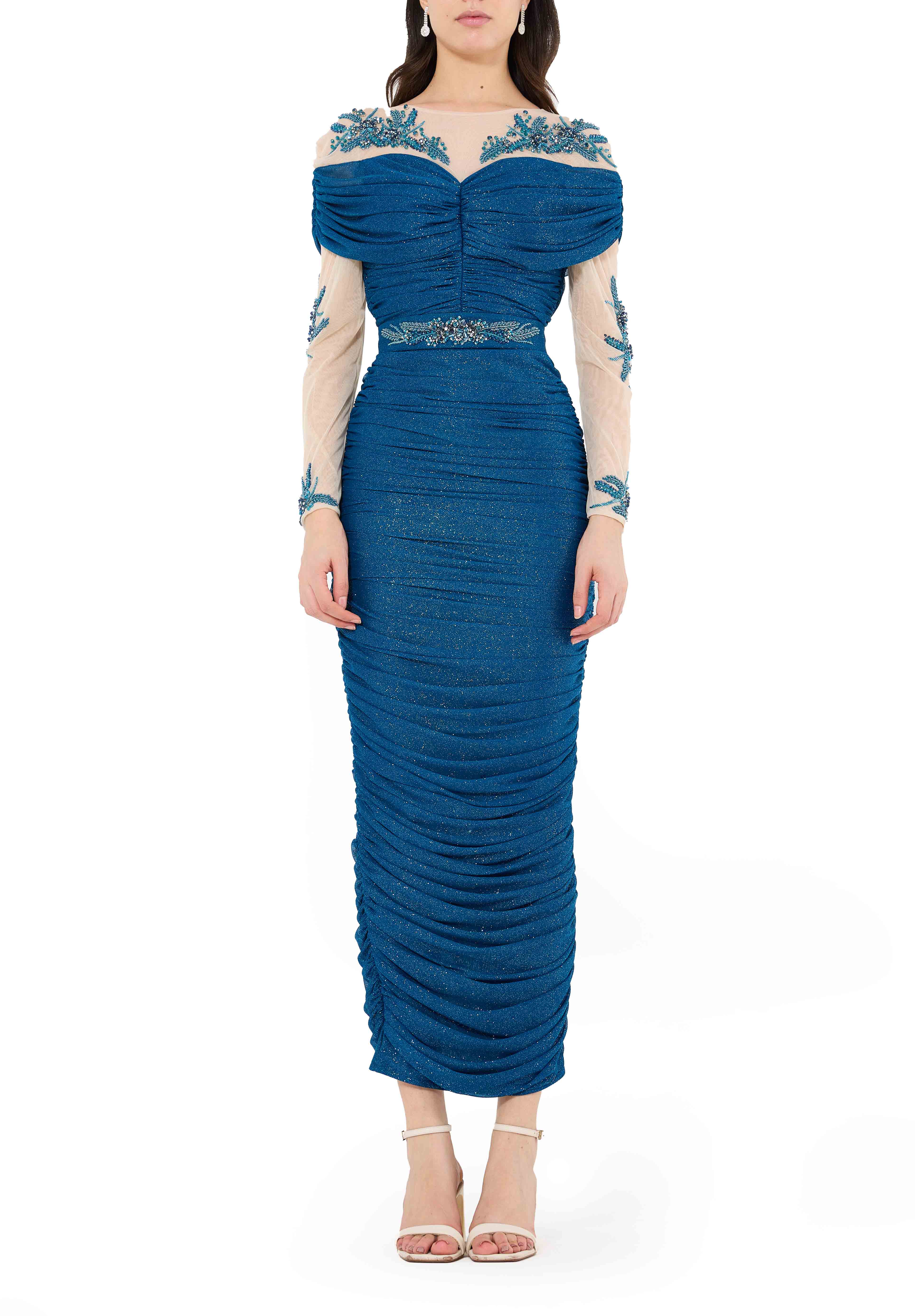 All-Over Ruched Embellished Gown