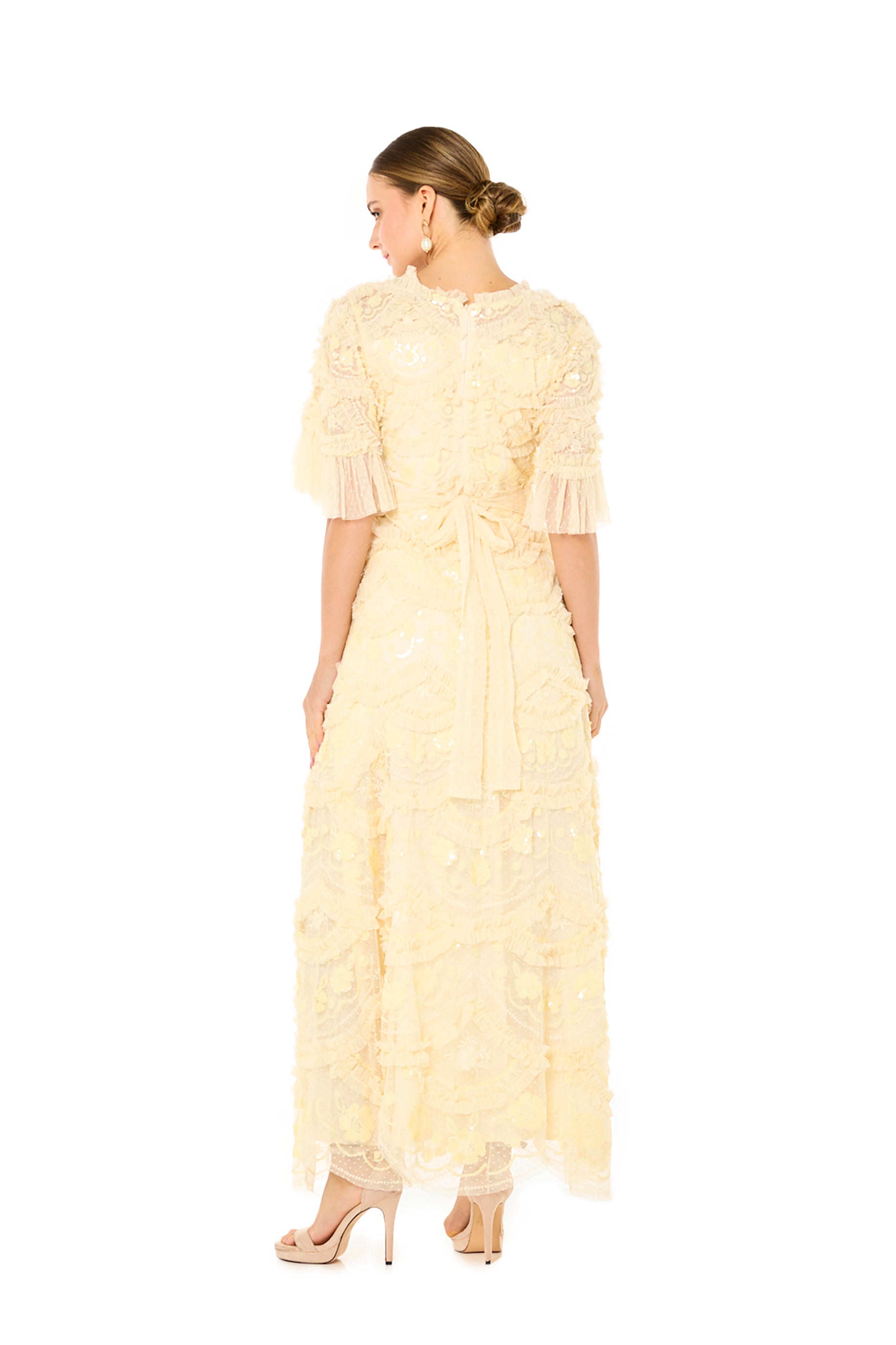 Embellished Lace Sequin Dress with Flutter Sleeves