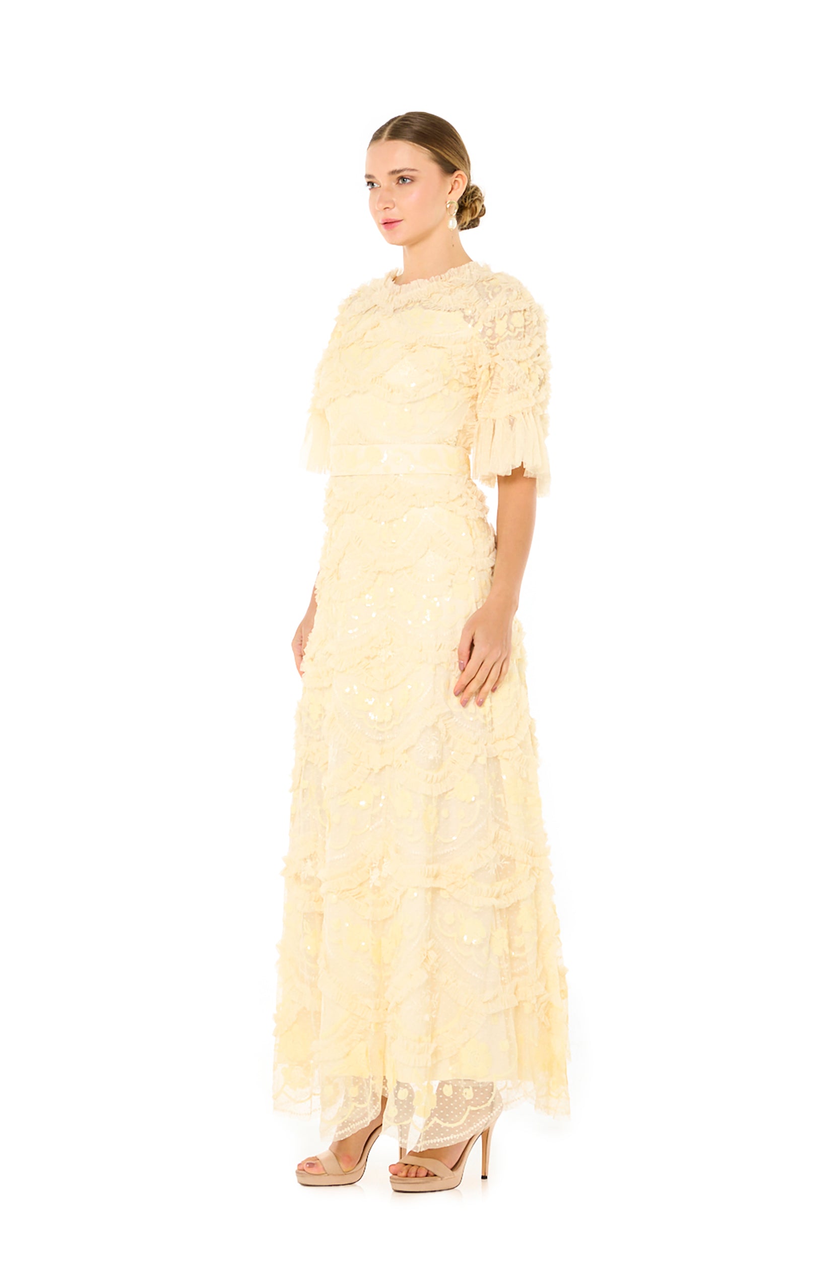 Embellished Lace Sequin Dress with Flutter Sleeves