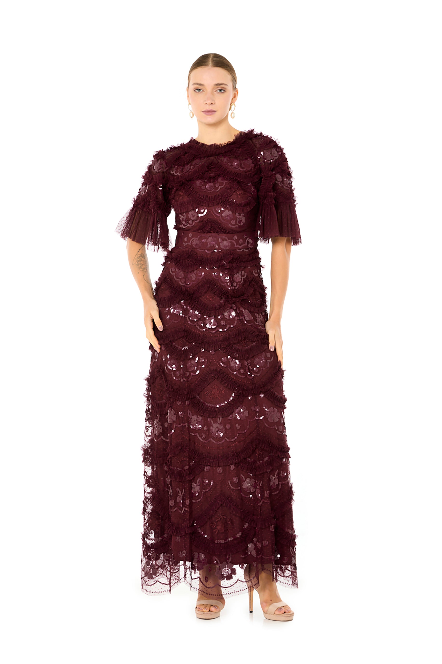 Embellished Lace Sequin Dress with Flutter Sleeves