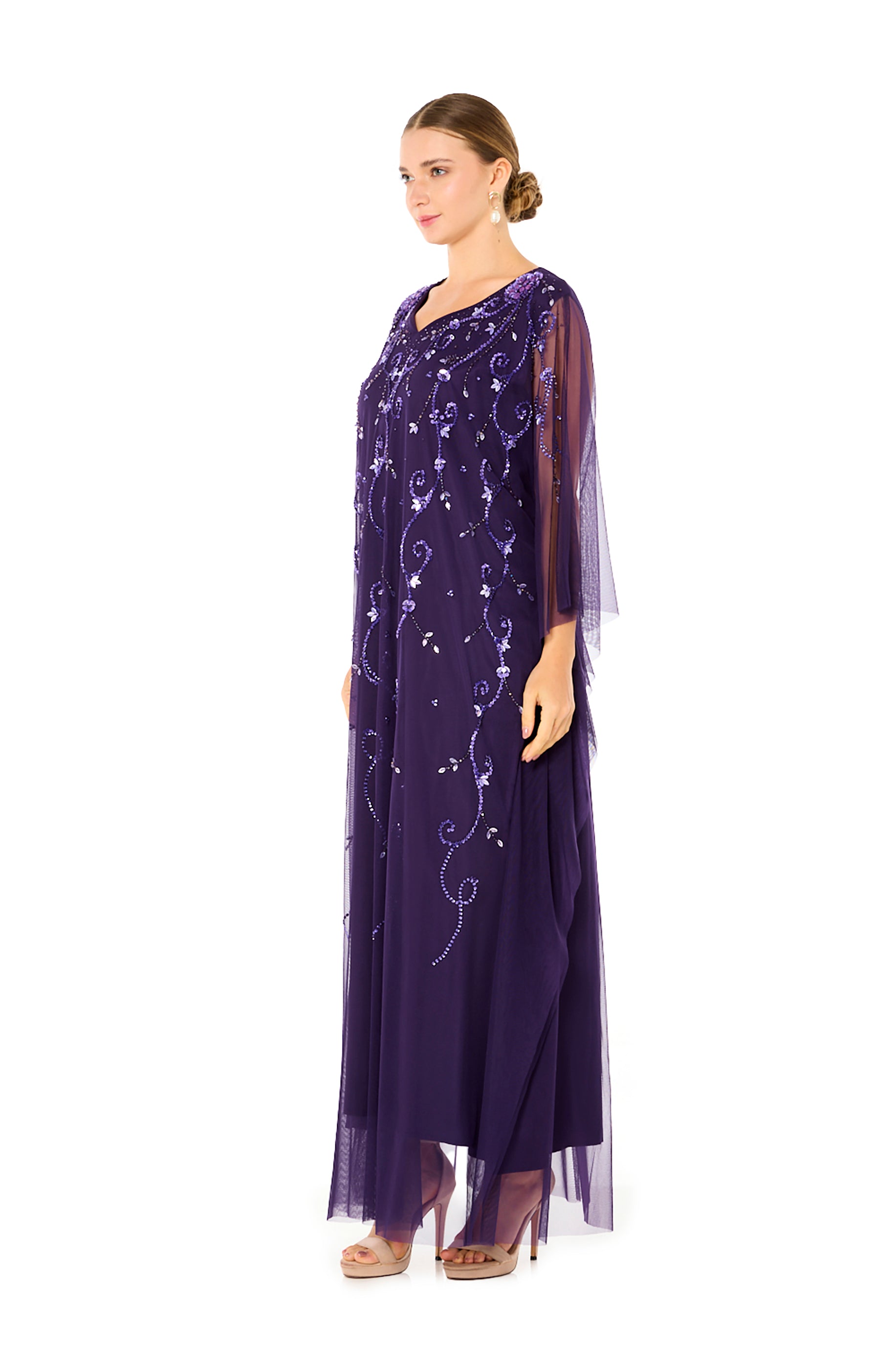 Beaded Floral Pattern Flowy Dress