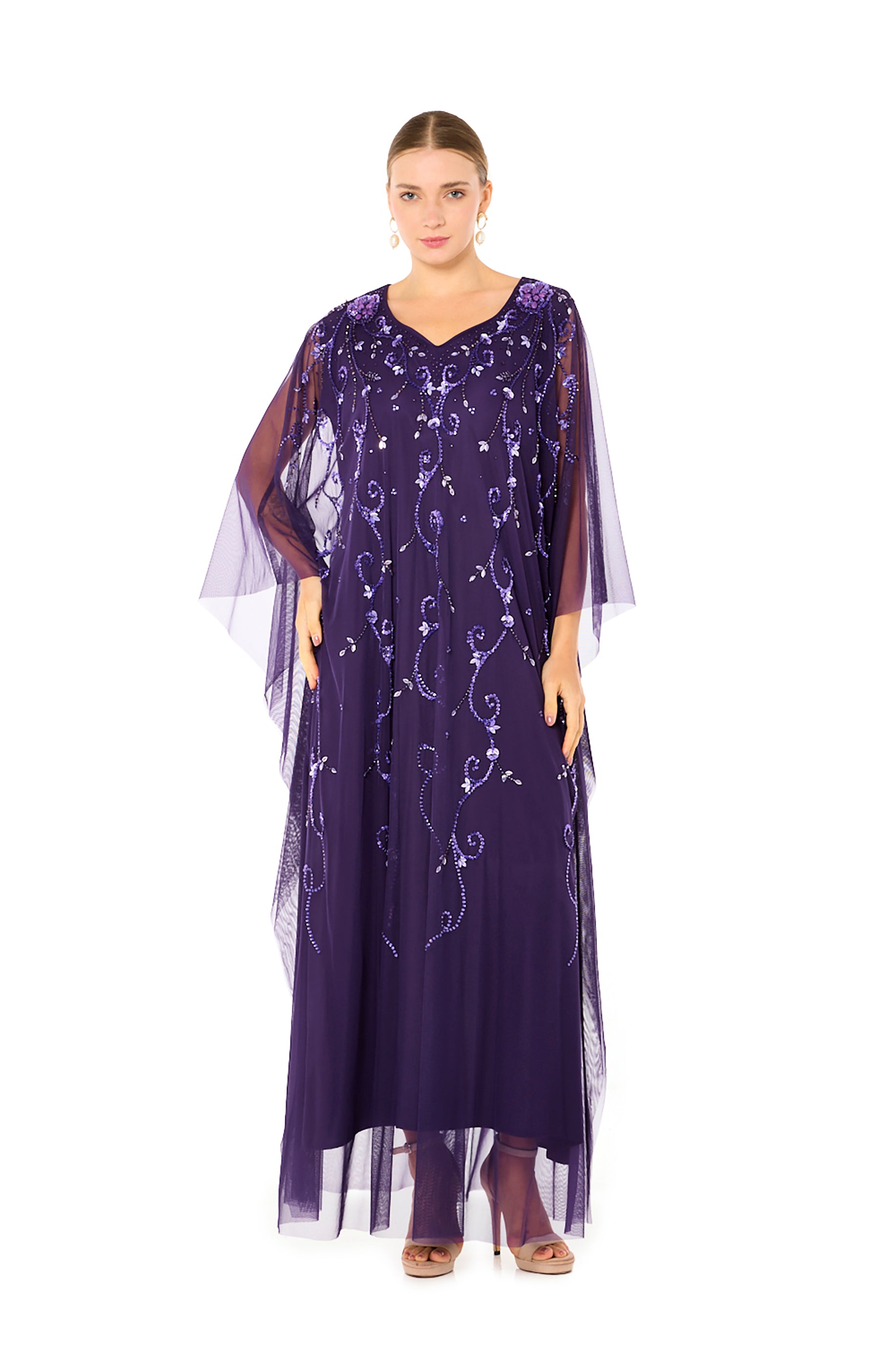 Beaded Floral Pattern Flowy Dress