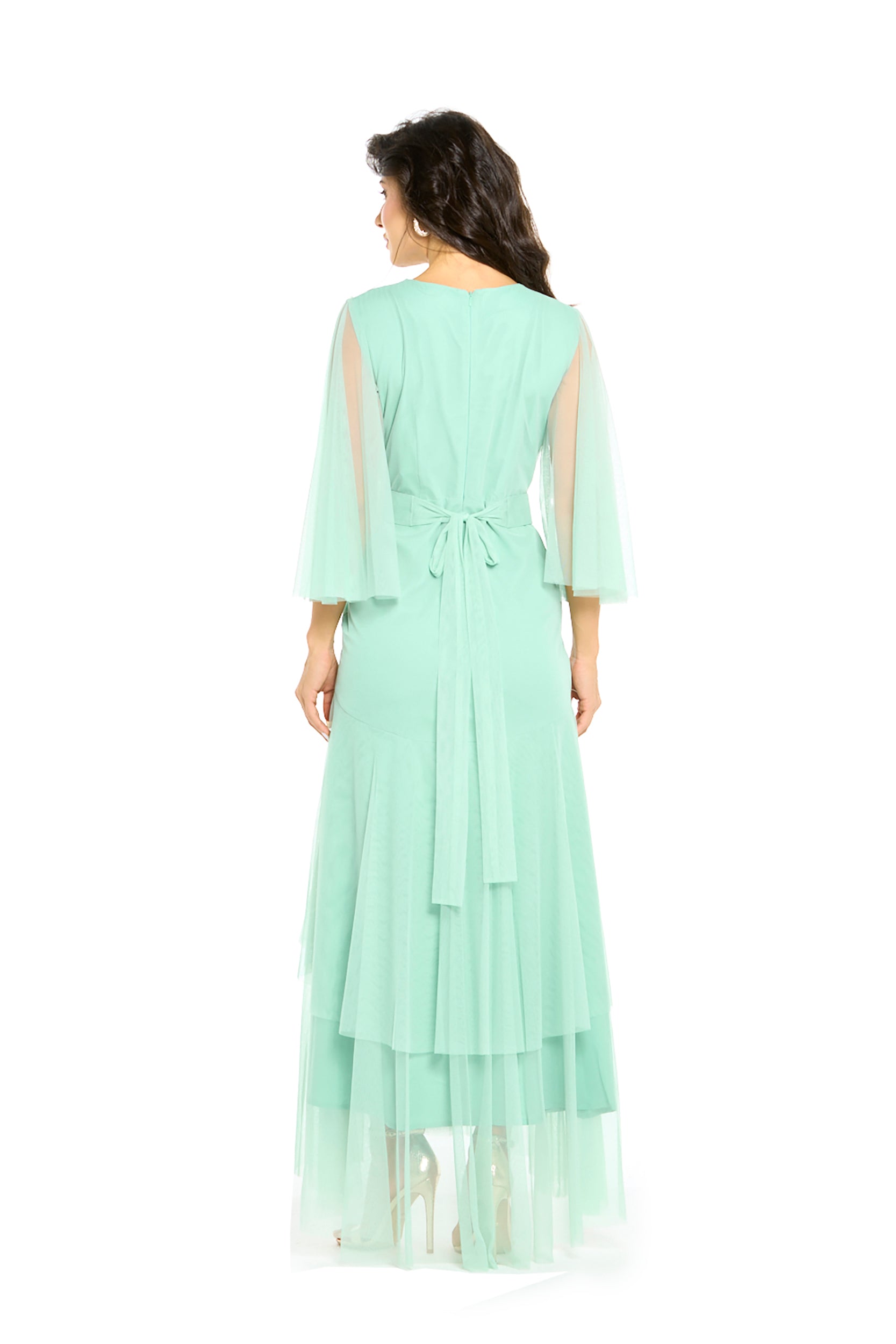 Embellished V-Neck Pleated Tulle Gown