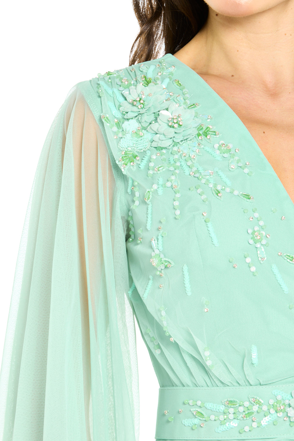 Embellished V-Neck Pleated Tulle Gown