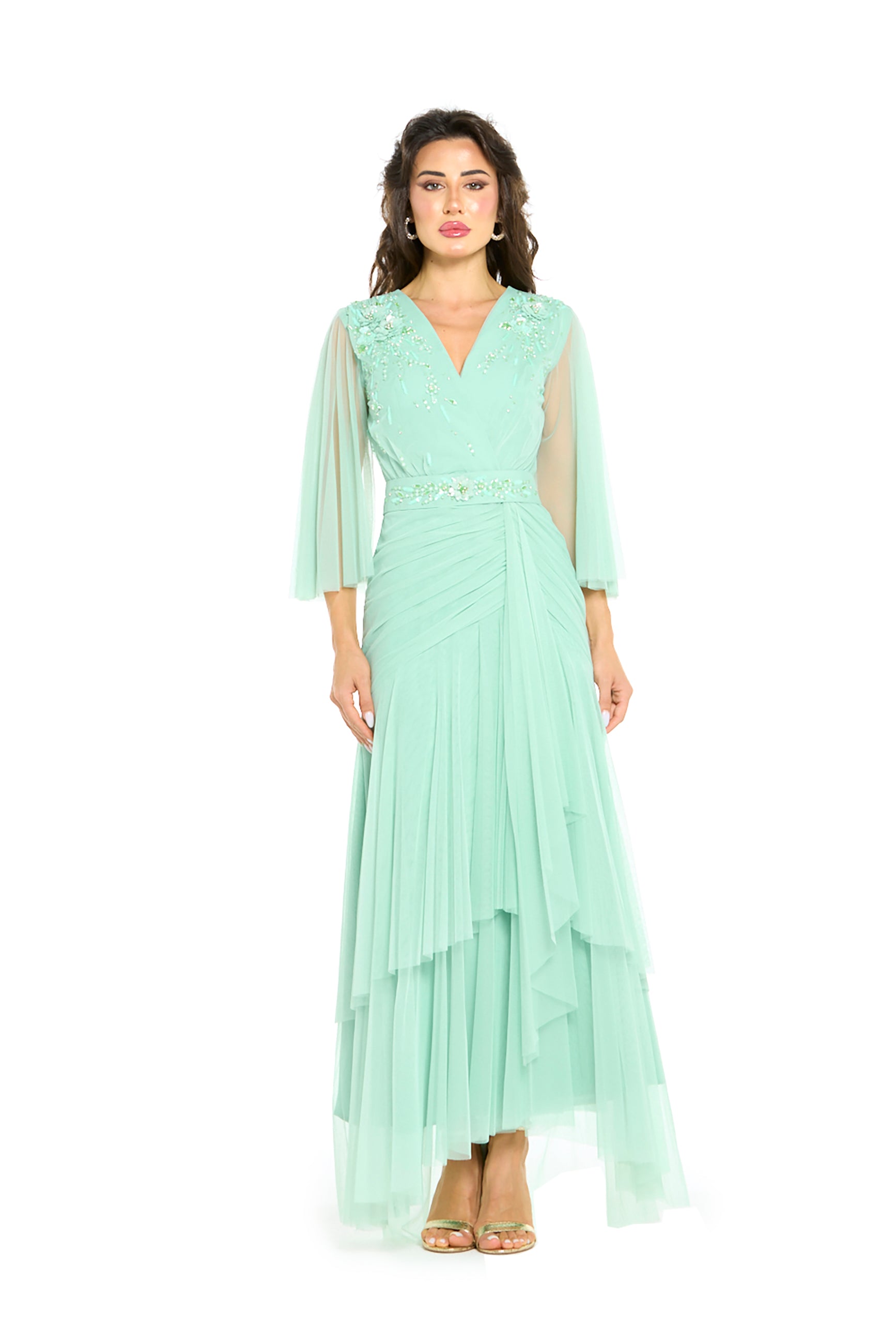 Embellished V-Neck Pleated Tulle Gown