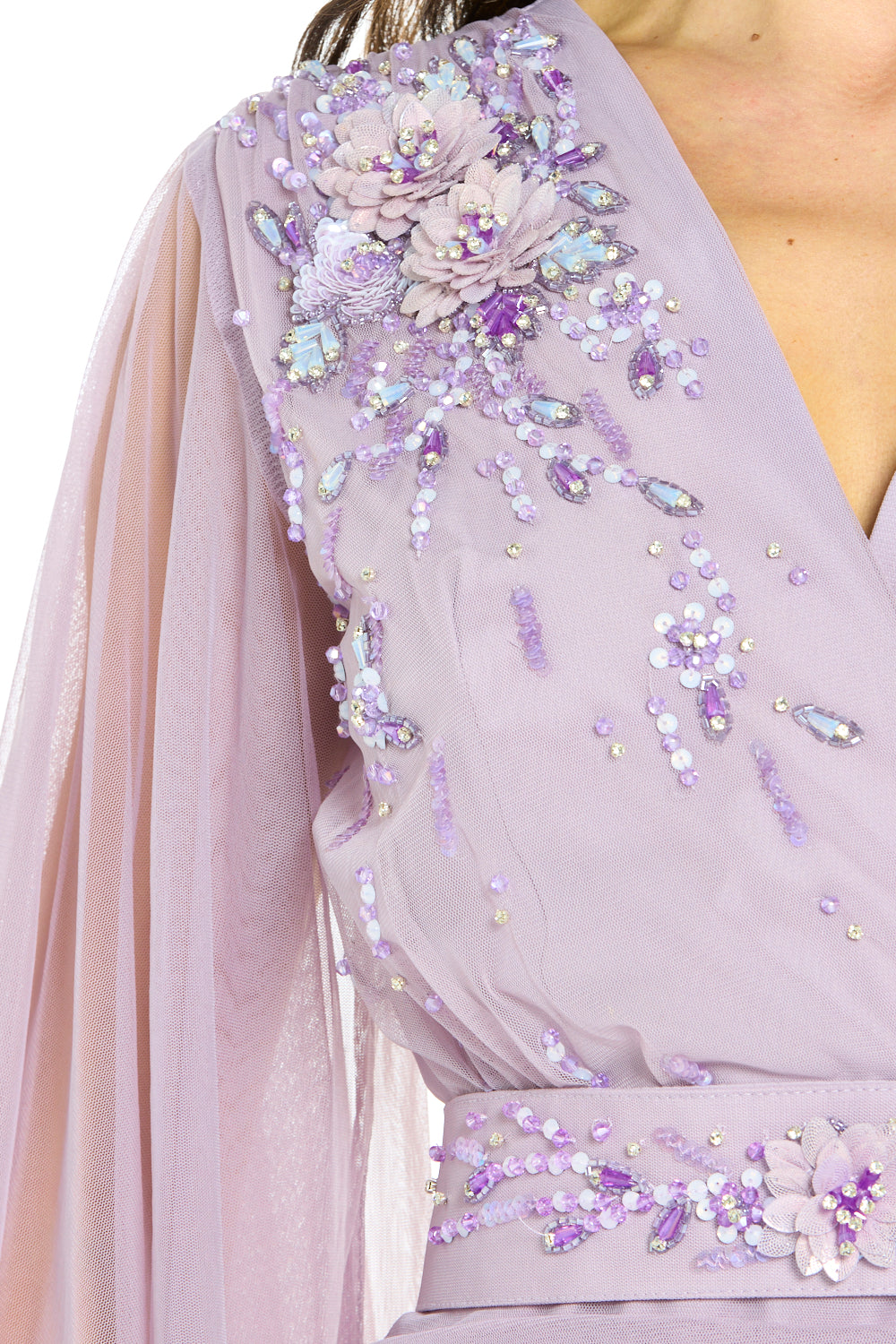 Embellished V-Neck Pleated Tulle Gown