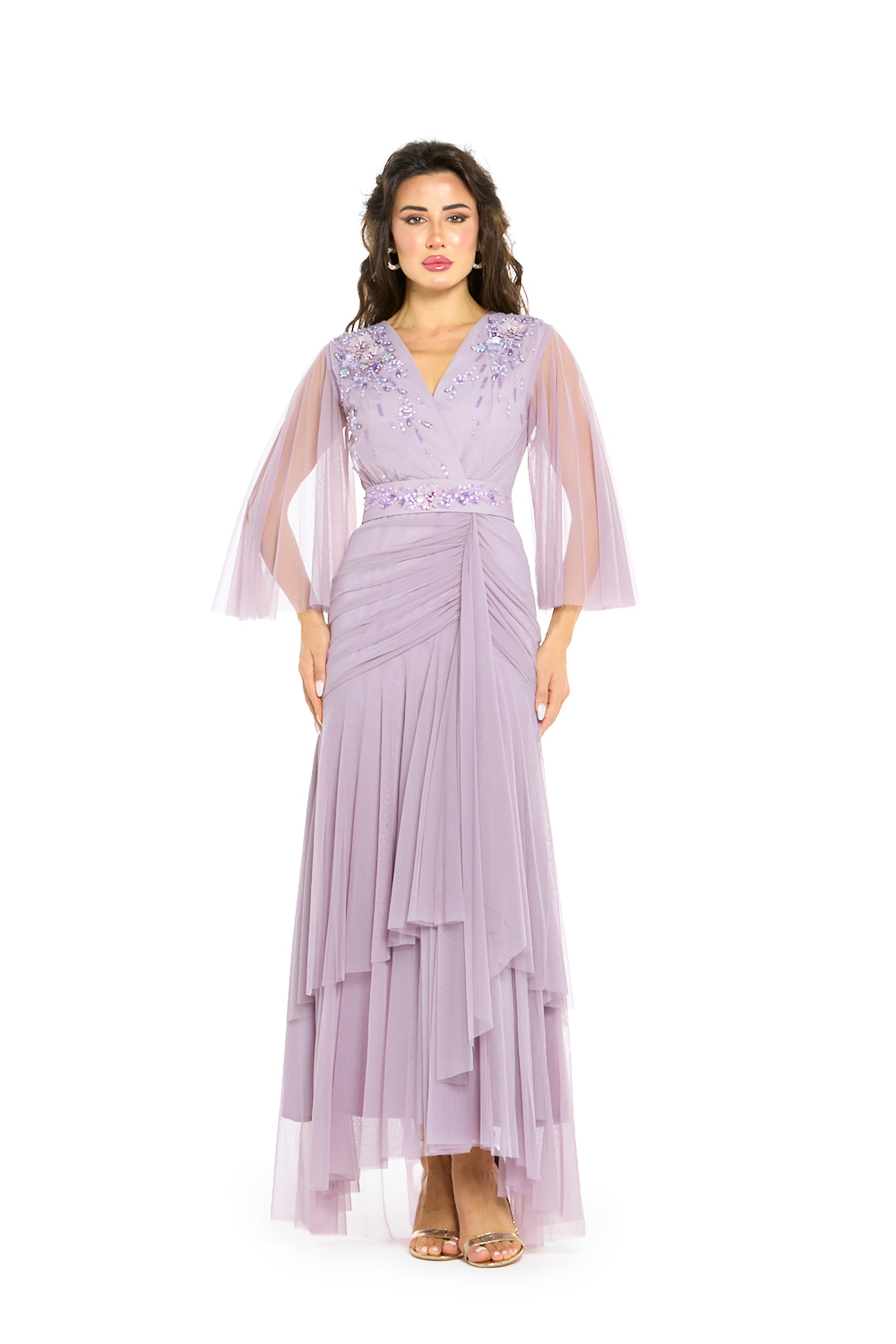 Embellished V-Neck Pleated Tulle Gown