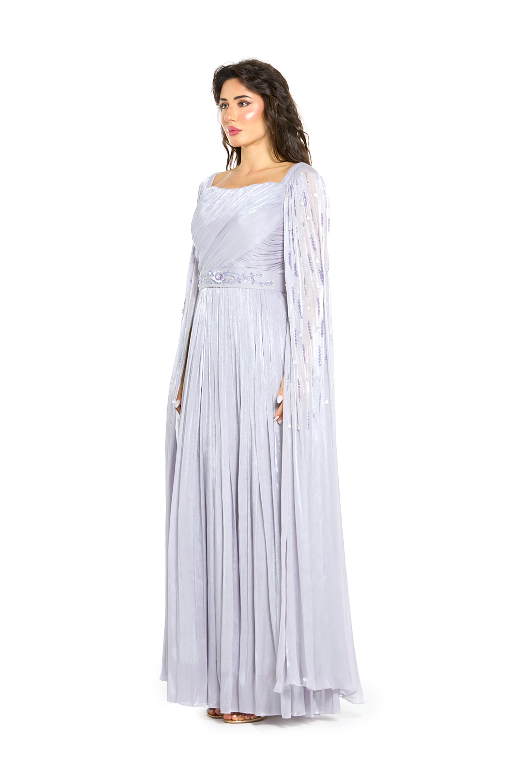 Draped Metallic Shimmer Cape Gown