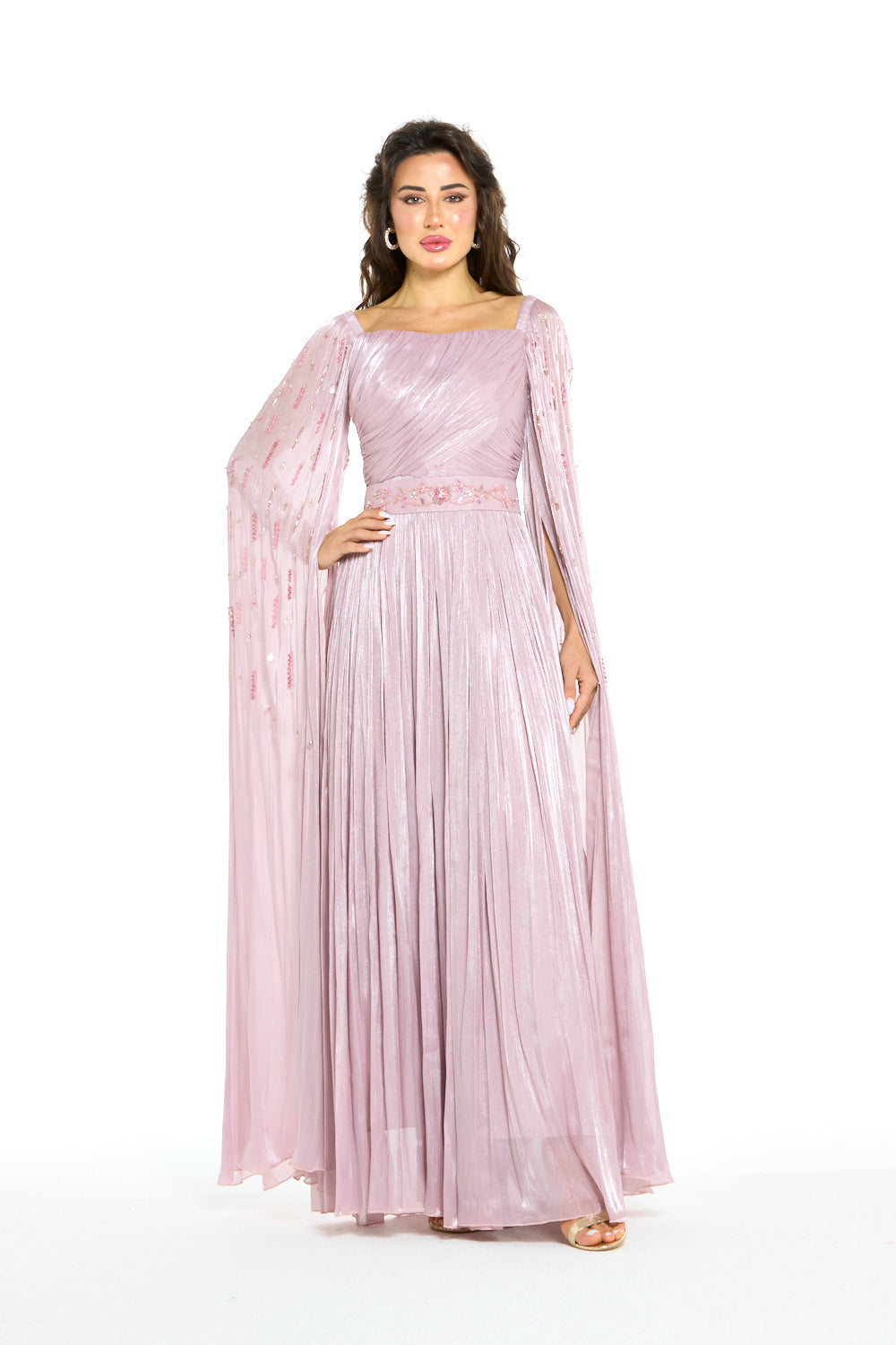 Draped Metallic Shimmer Cape Gown