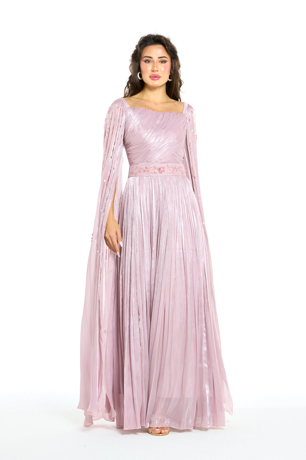 Draped Metallic Shimmer Cape Gown