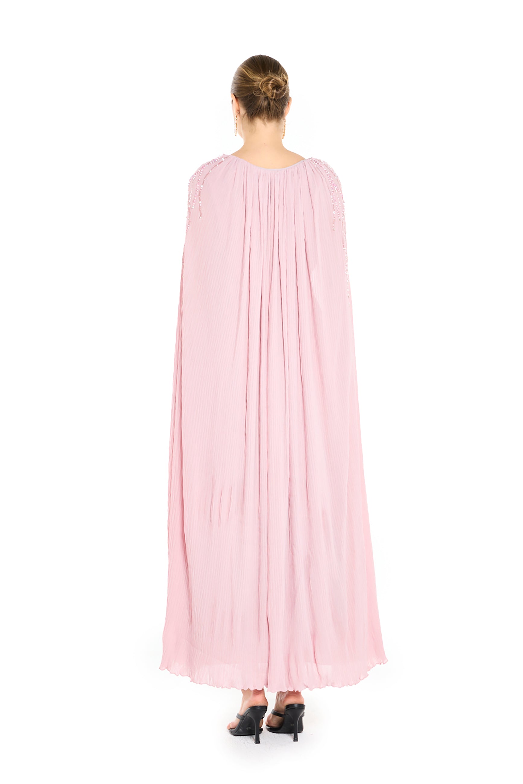 Pleated Embellished Cape Overlay Dress