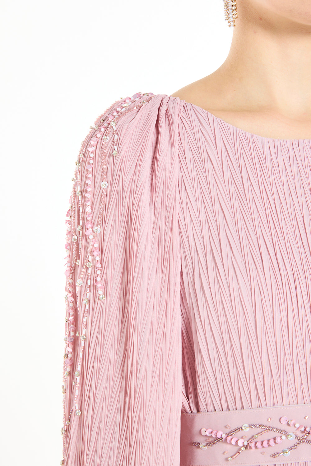 Pleated Embellished Cape Overlay Dress
