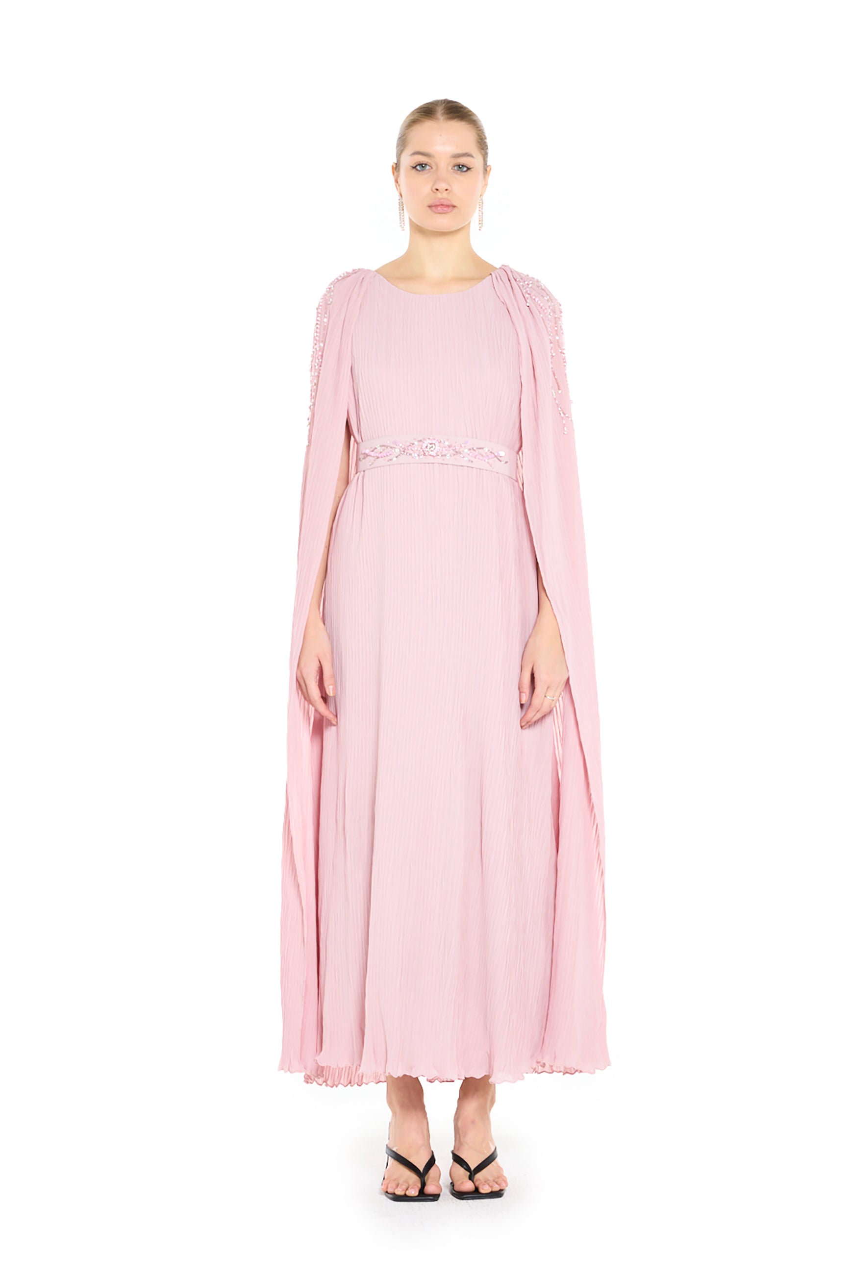 Pleated Embellished Cape Overlay Dress