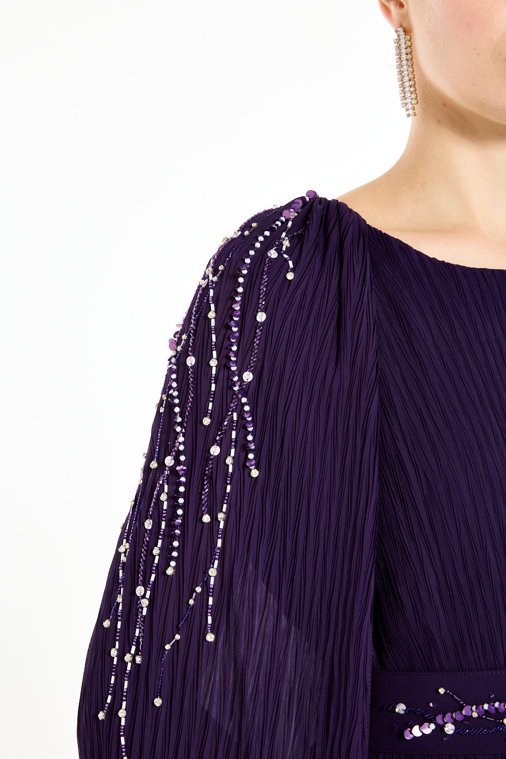 Pleated Embellished Cape Overlay Dress