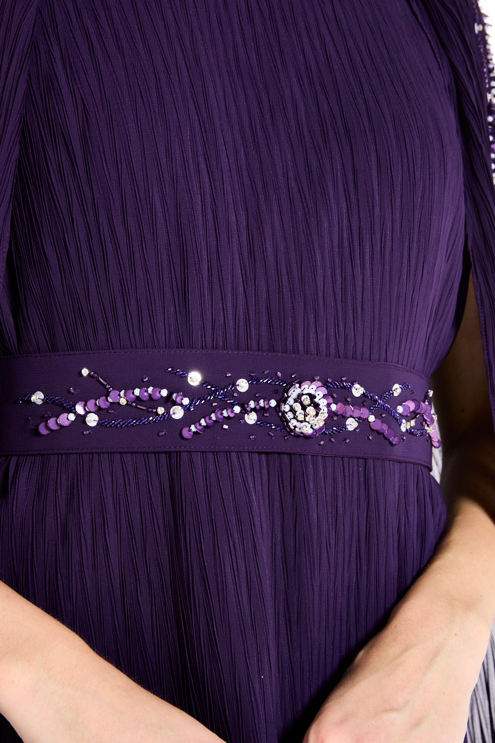 Pleated Embellished Cape Overlay Dress