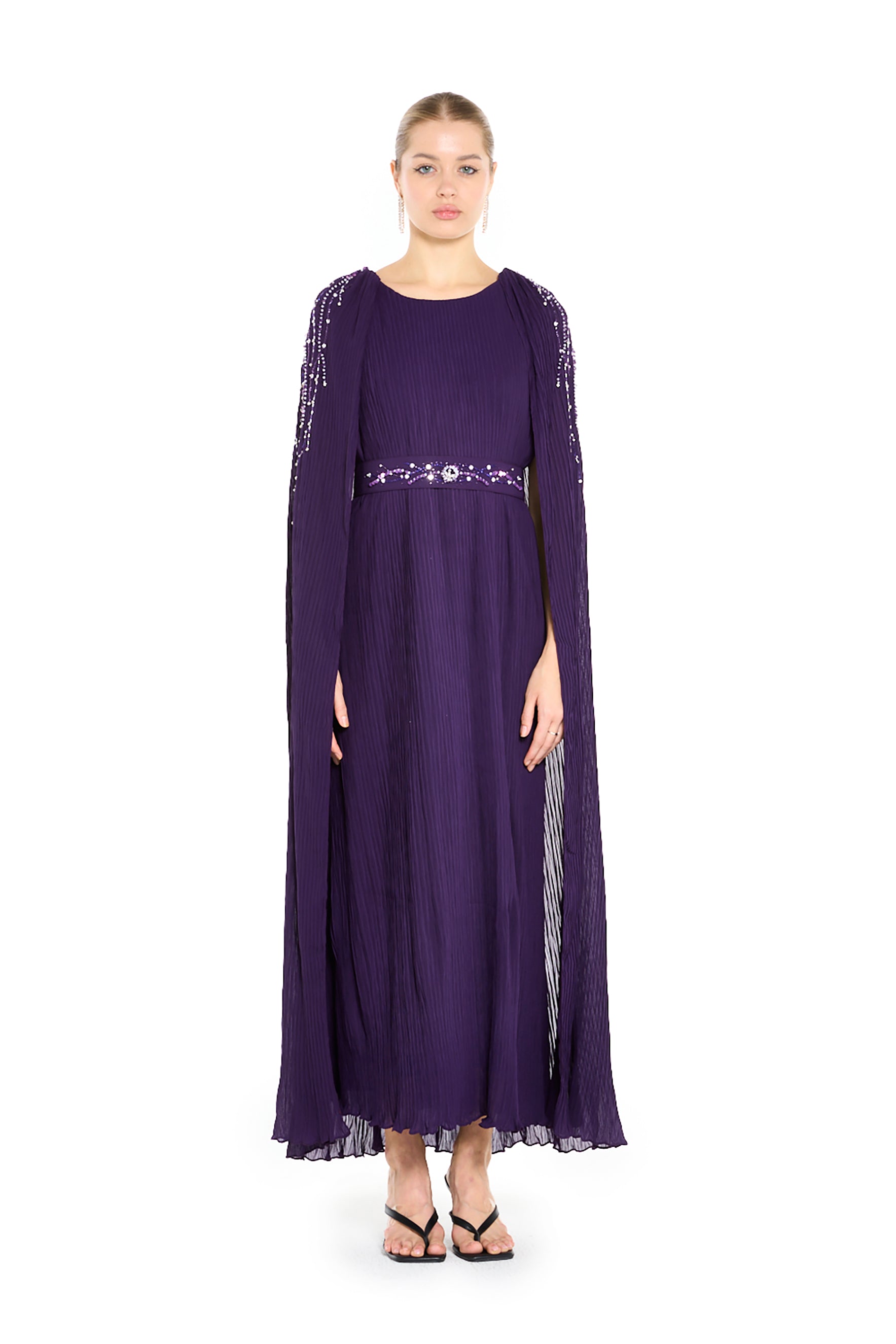 Pleated Embellished Cape Overlay Dress