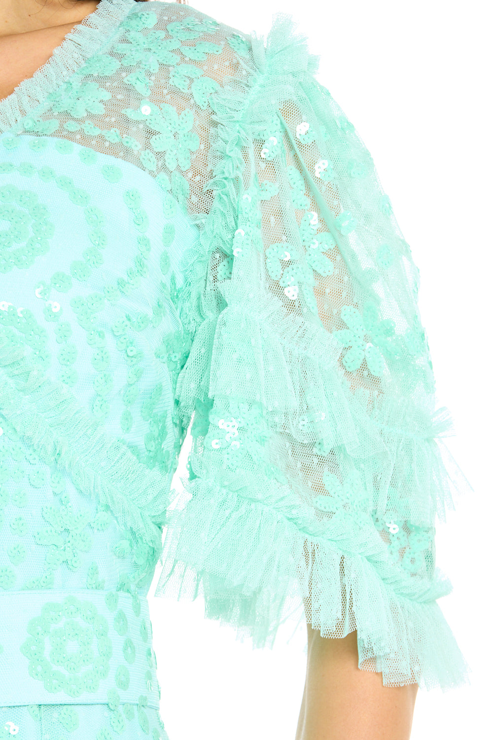 Coral Glamour Sequin Gown with Flutter Sleeves