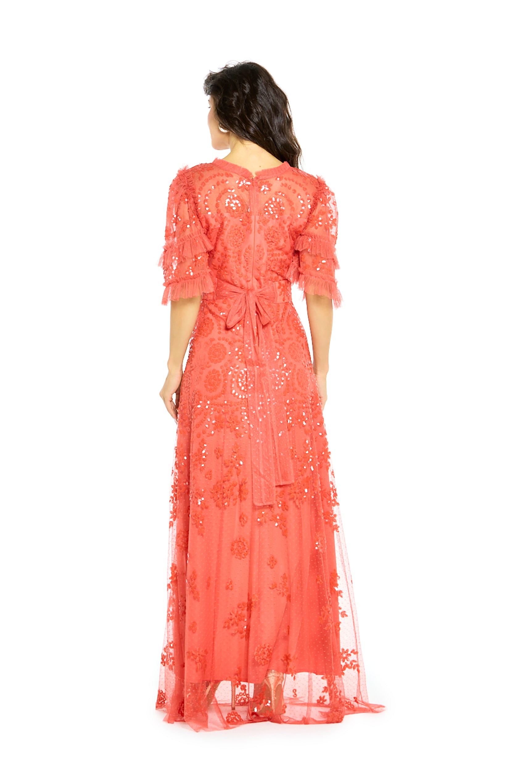 Coral Glamour Sequin Gown with Flutter Sleeves