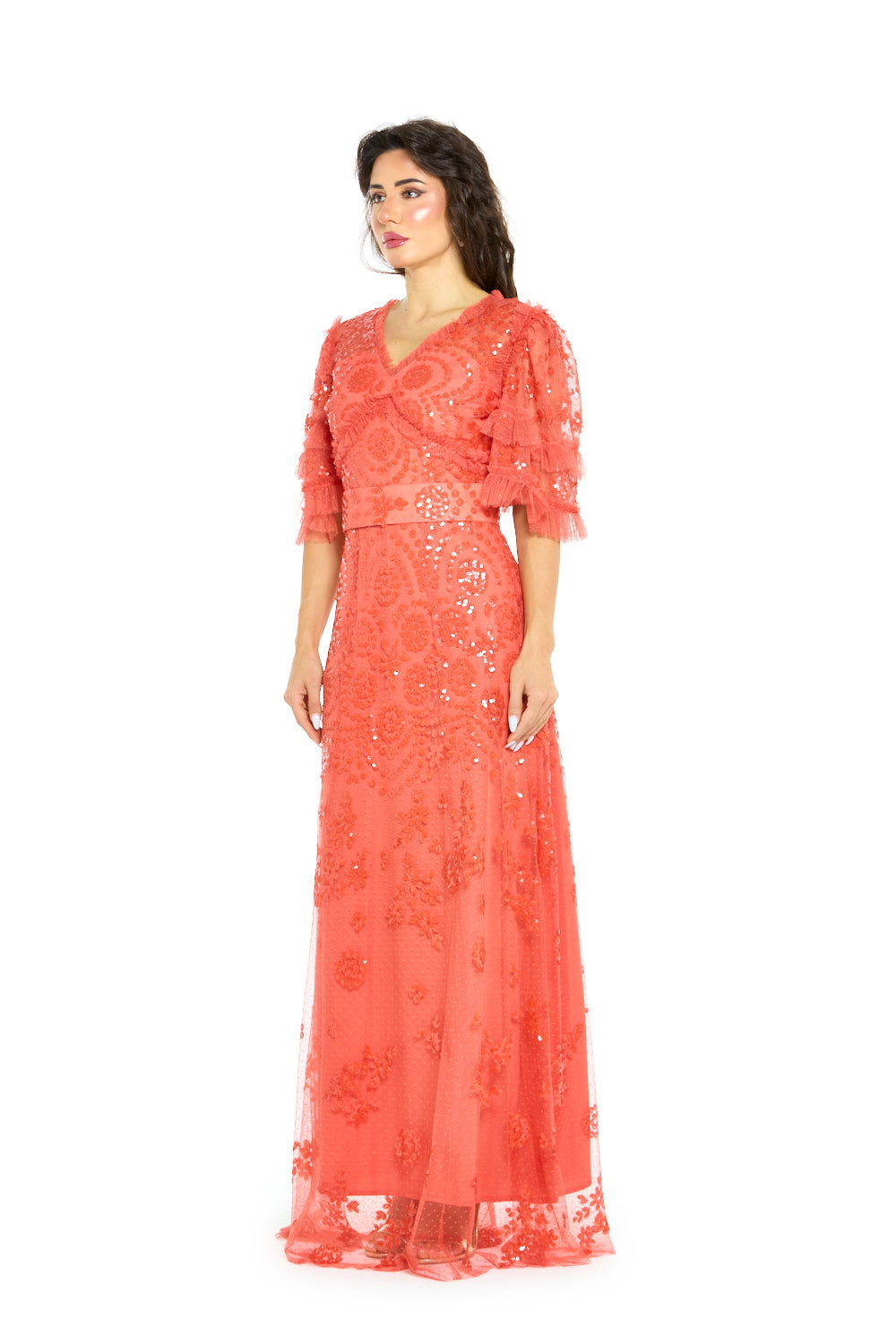 Coral Glamour Sequin Gown with Flutter Sleeves