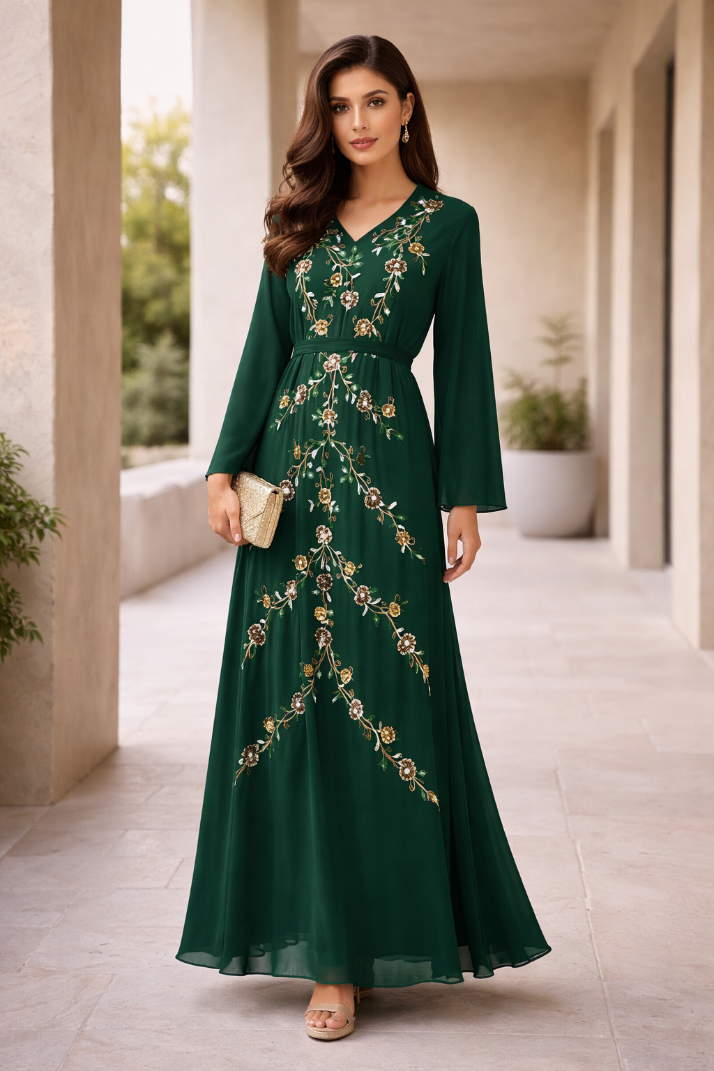 Floral Vine Embroidered Evening Gown
